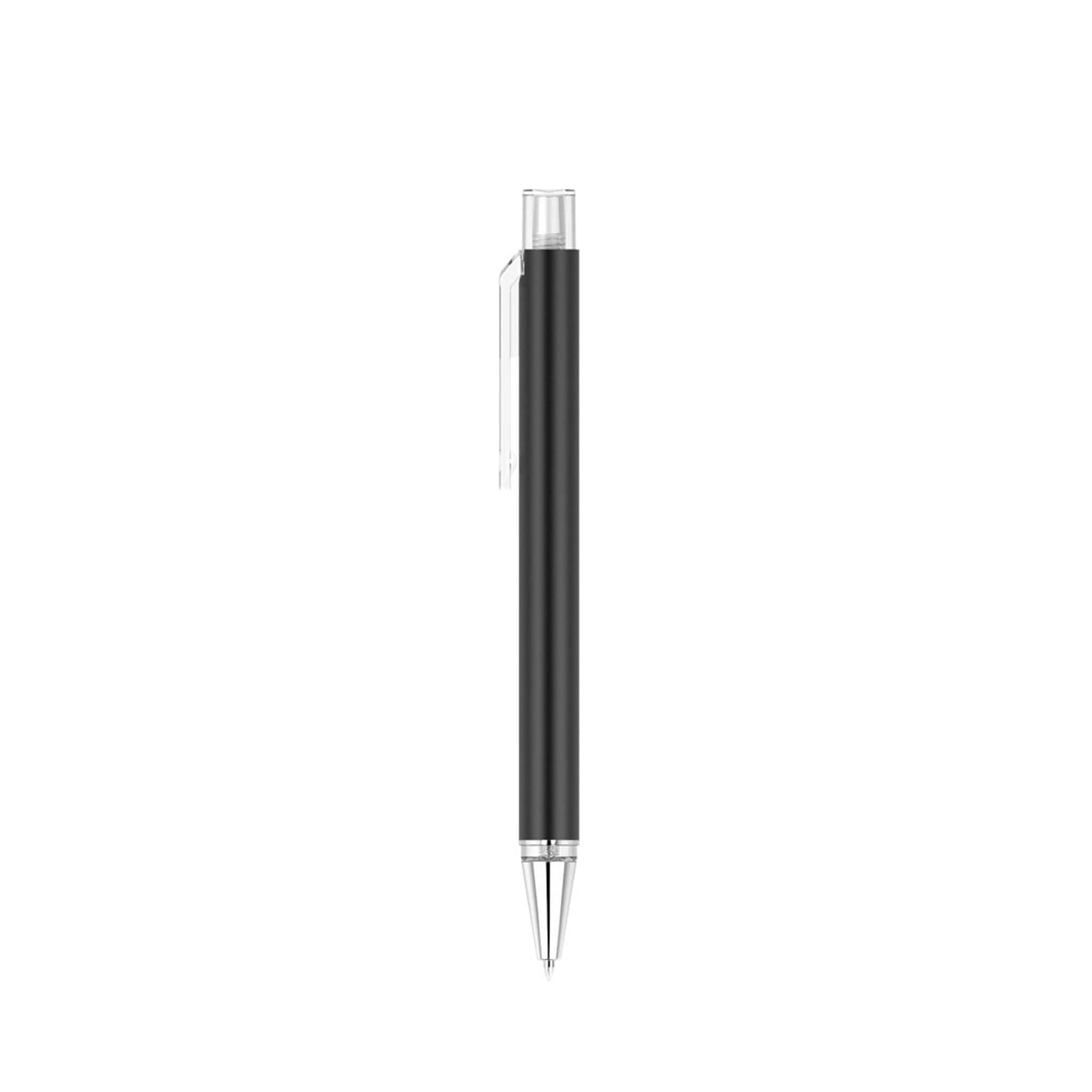 A flat black plastic pen with a silver tip and transparent clip, featuring a logo on the barrel.