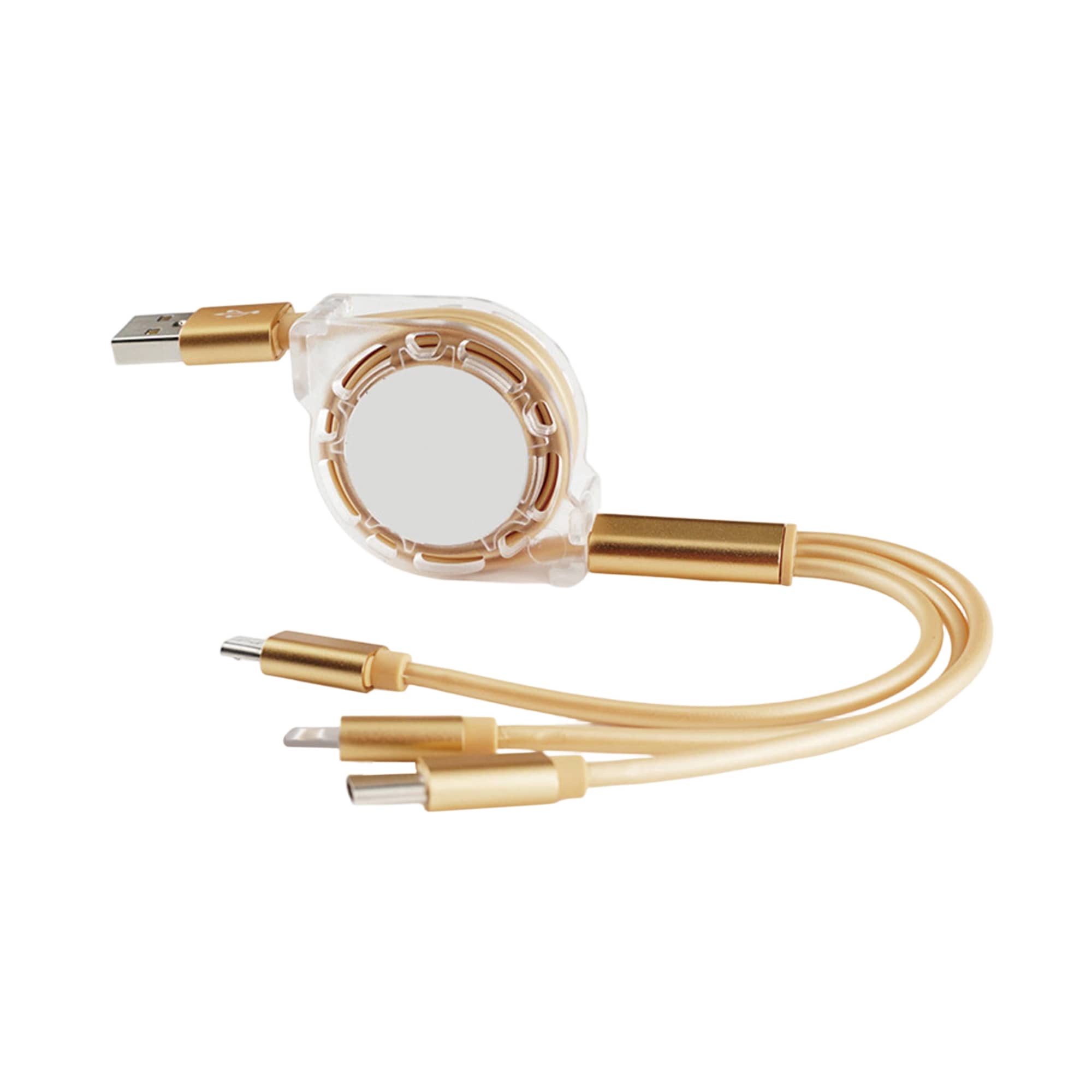 A retractable charging cable in gold and clear, featuring three connectors: USB, Micro USB, and USB-C.