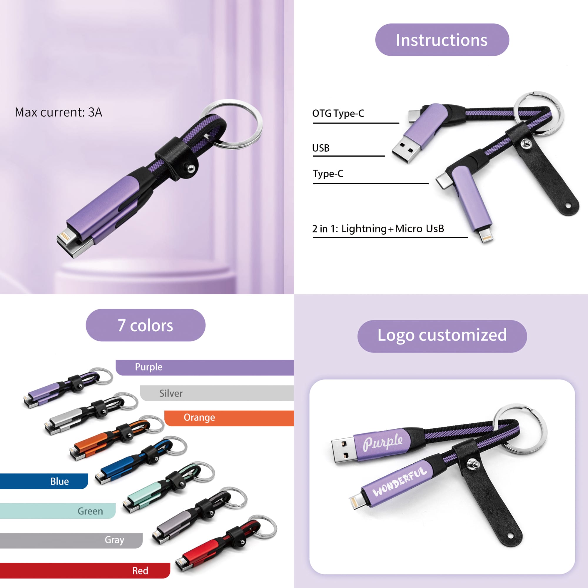 A collection of braided charging cables in various colours, each with a keyring attachment and multiple connectors.