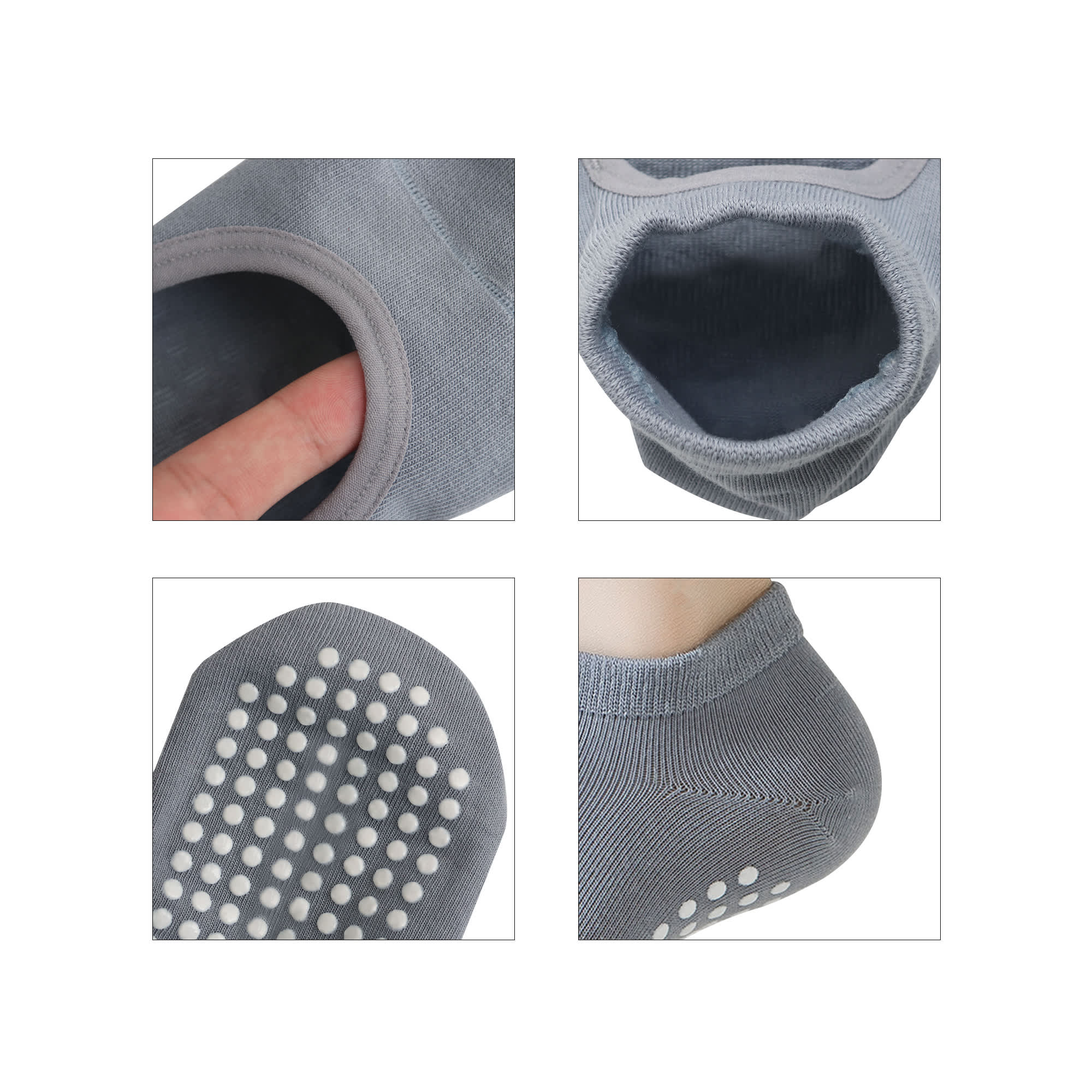 Open top yoga sock in grey featuring anti-slip grip on the sole and a large opening for comfort. Includes branding.