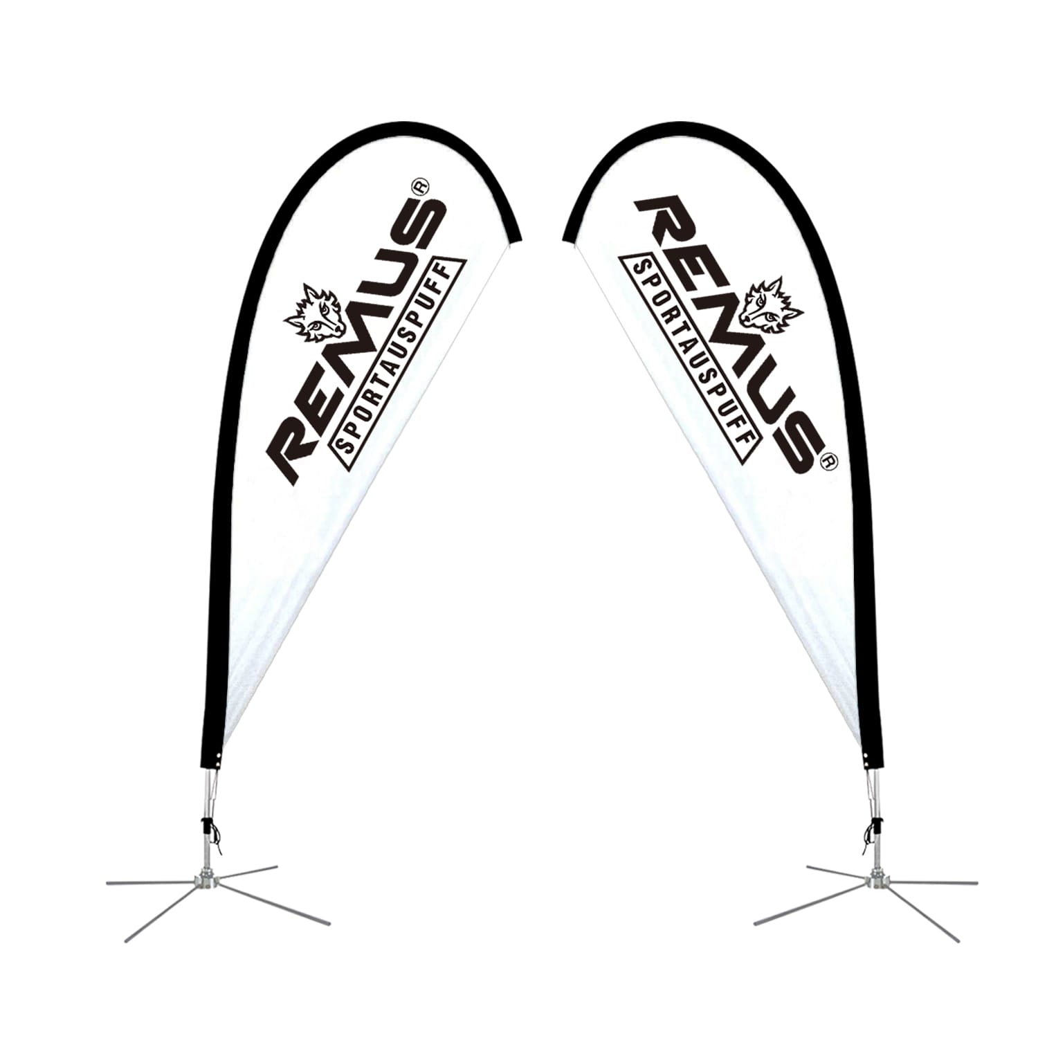 Two medium teardrop banners in white and black, featuring a logo, with a height of 13ft and a wide base.