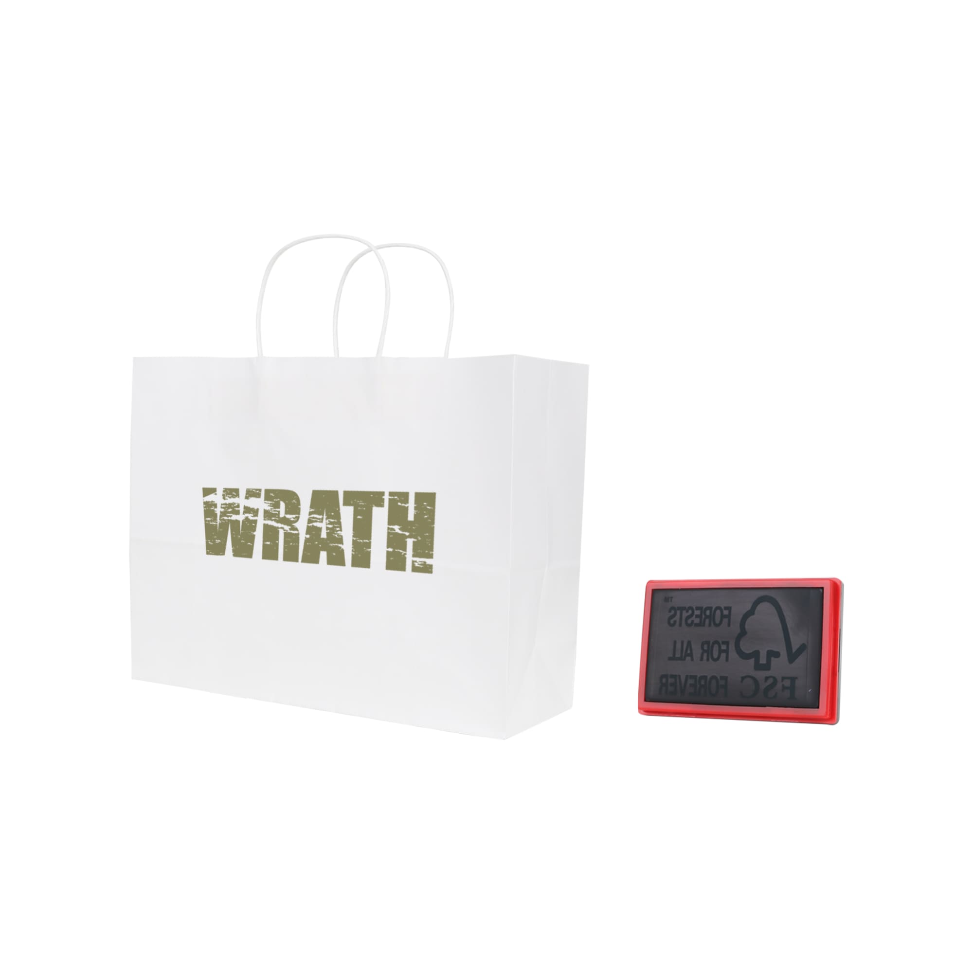 A white kraft paper bag with twisted handles, featuring a logo, alongside a rectangular black and red item.