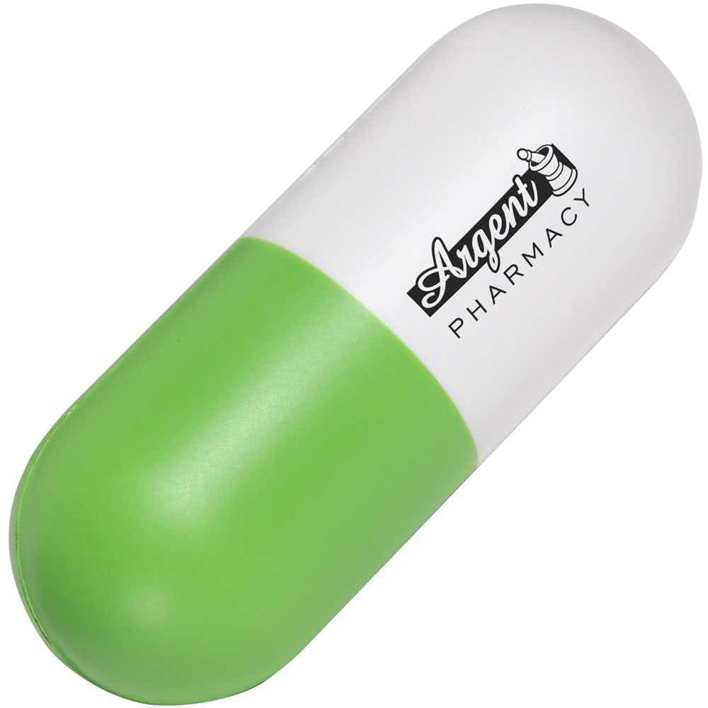 A capsule-shaped stress reliever in green and white, featuring a logo.