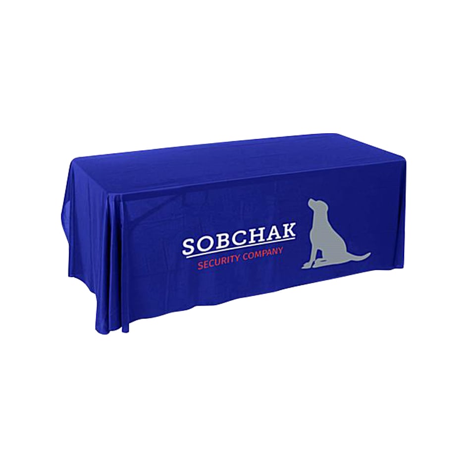 A blue 3-sided throw table cloth for a 6ft table, featuring a logo.