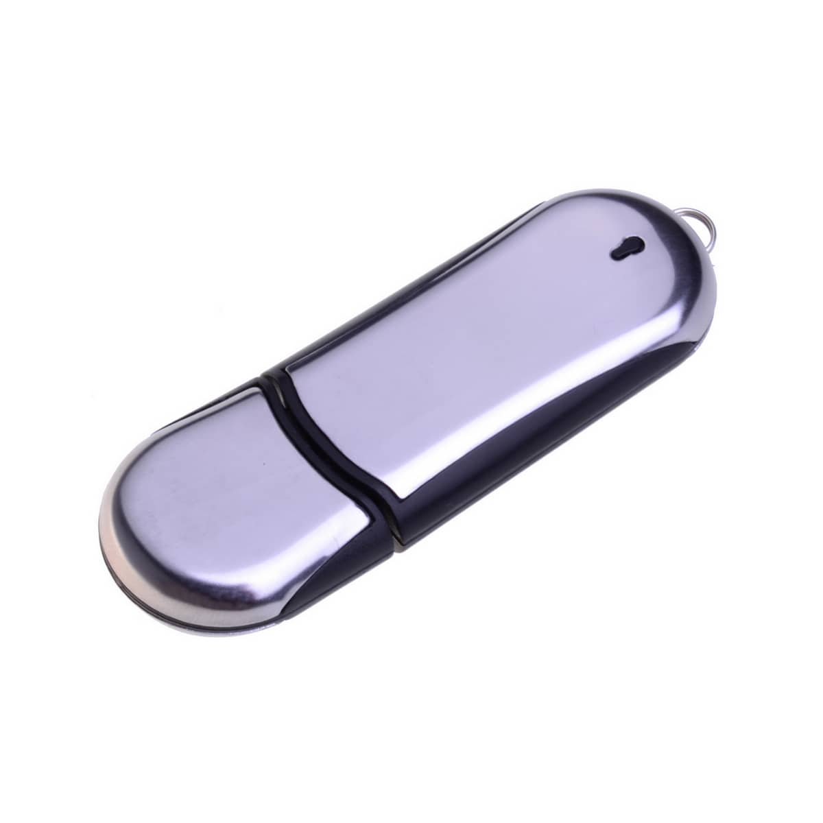 A shiny silver and black flash drive with a smooth, rounded design and a small keyring loop for attachment.