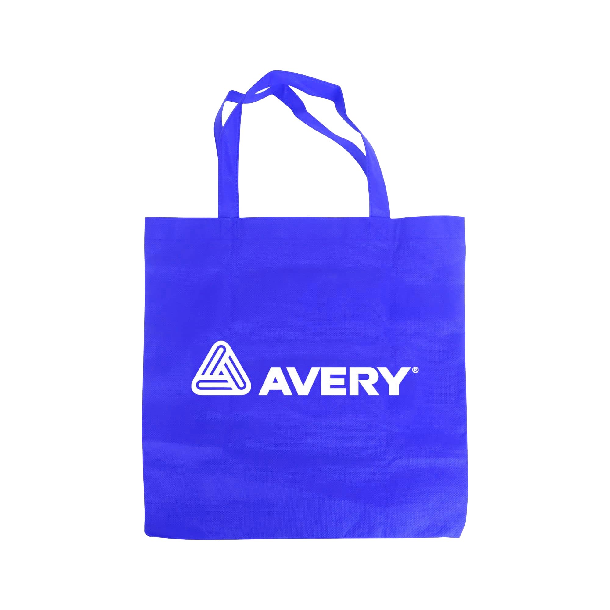 A blue non-woven foldable bag with two handles and a logo on the front.