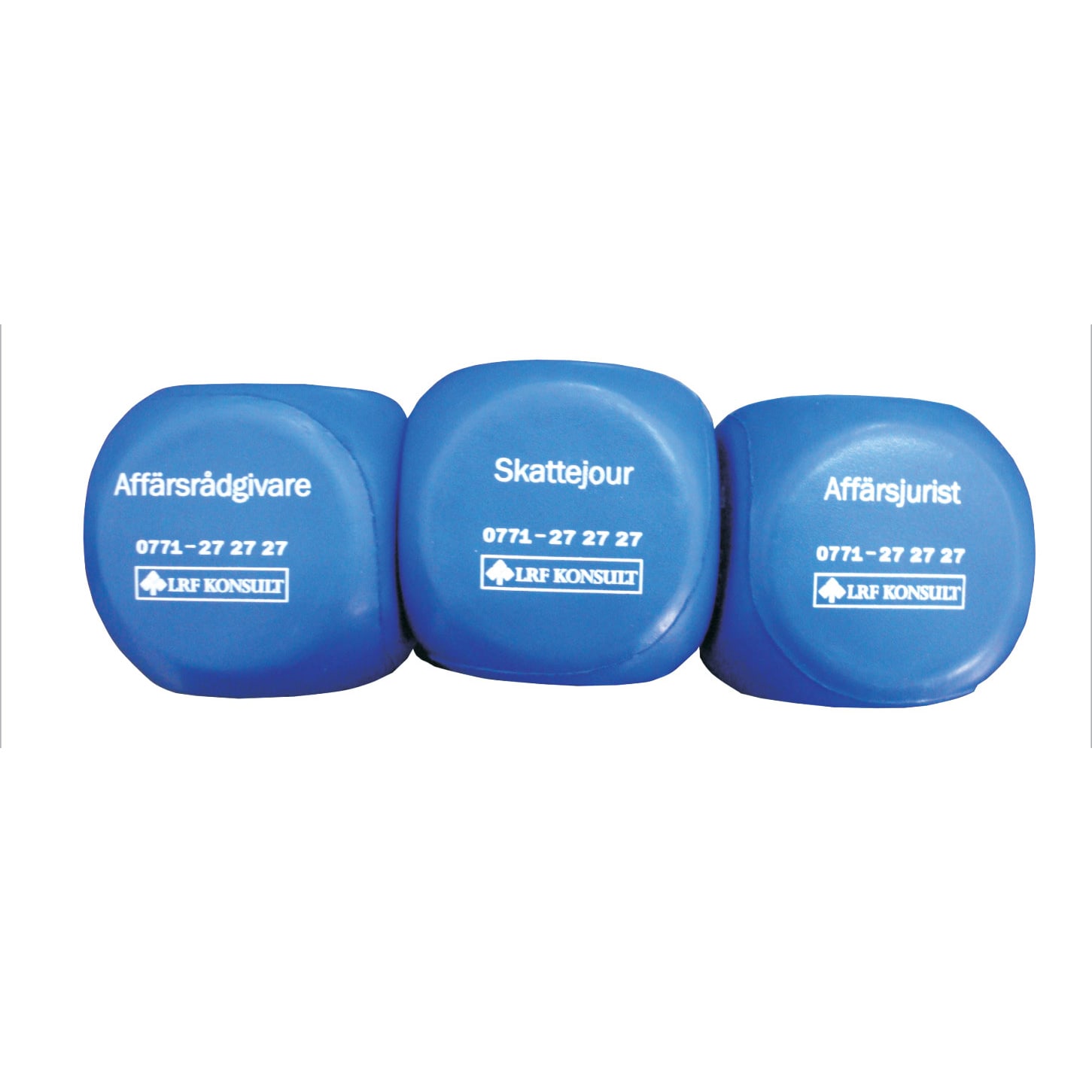 A blue cube-shaped stress reliever with rounded edges and a logo on it.