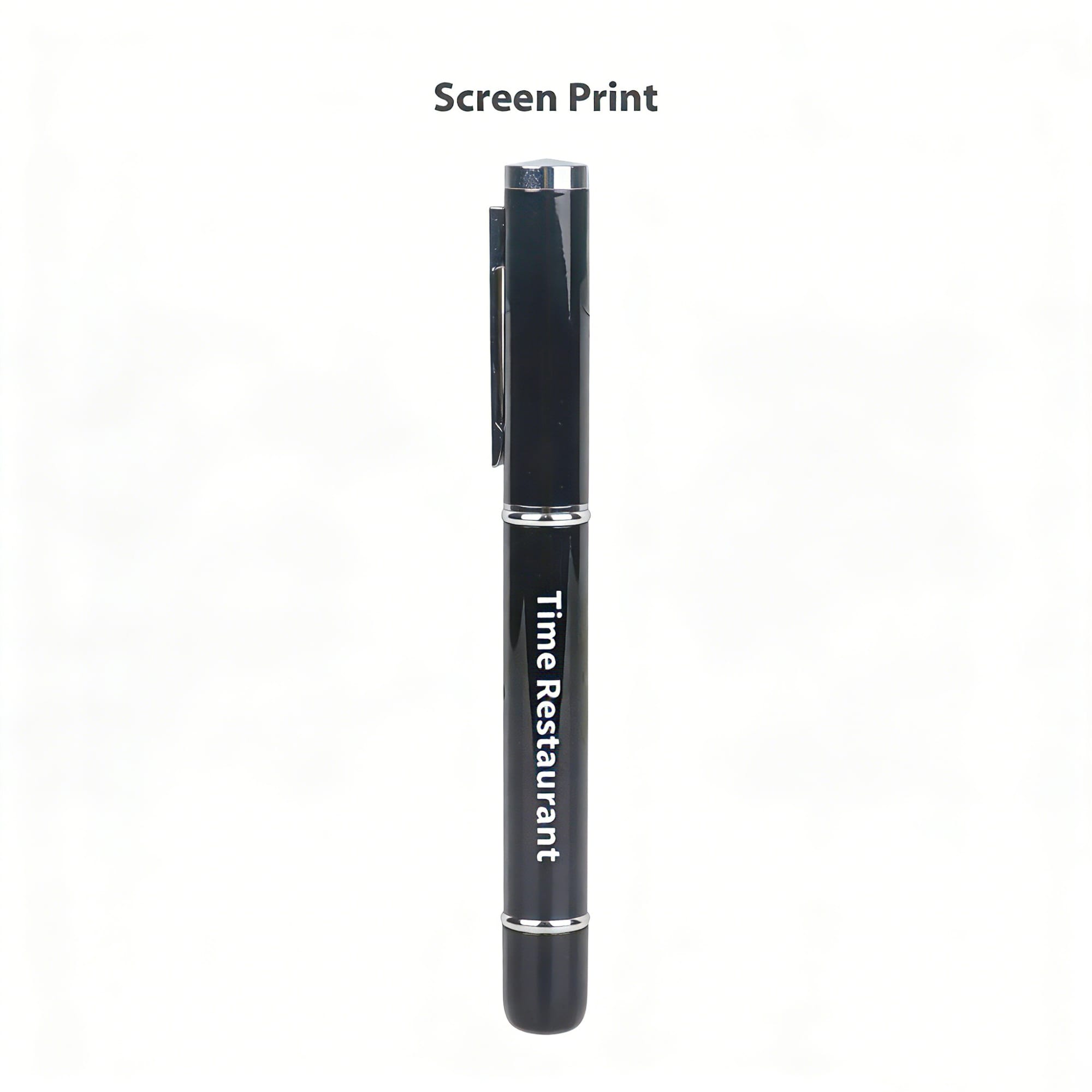 A black USB memory pen with a silver clip and screen print branding.