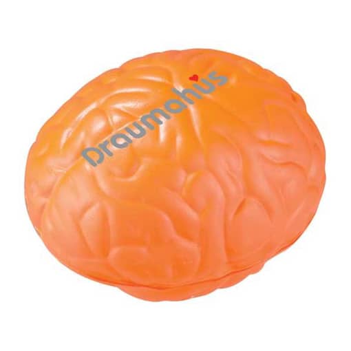 An orange brain-shaped stress reliever with a logo on its surface.