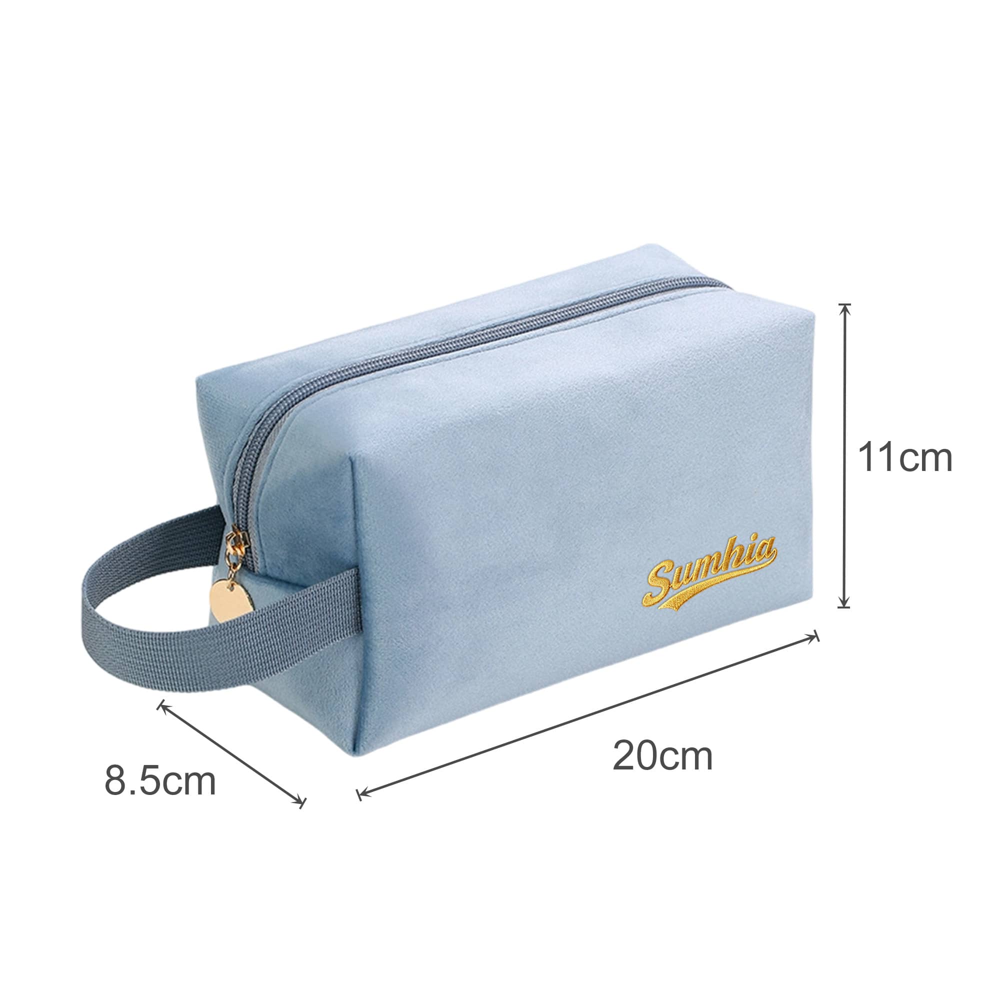A soft blue cosmetic bag with a zipper closure and a handle, featuring a logo on the side.