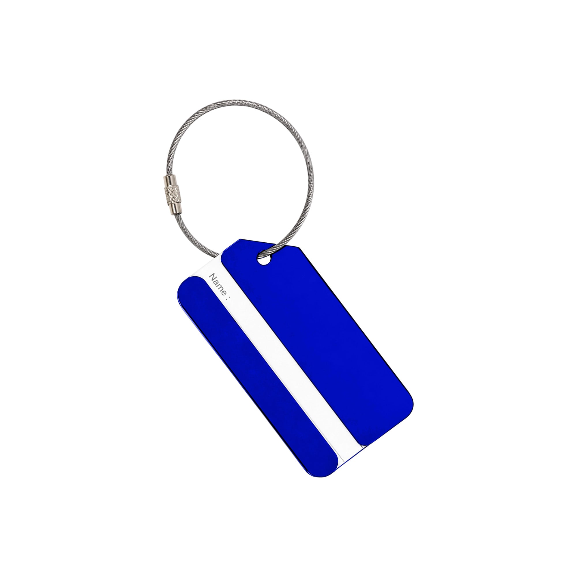 A blue square aluminium luggage tag with a wire attachment and a section for name details. It features a logo.