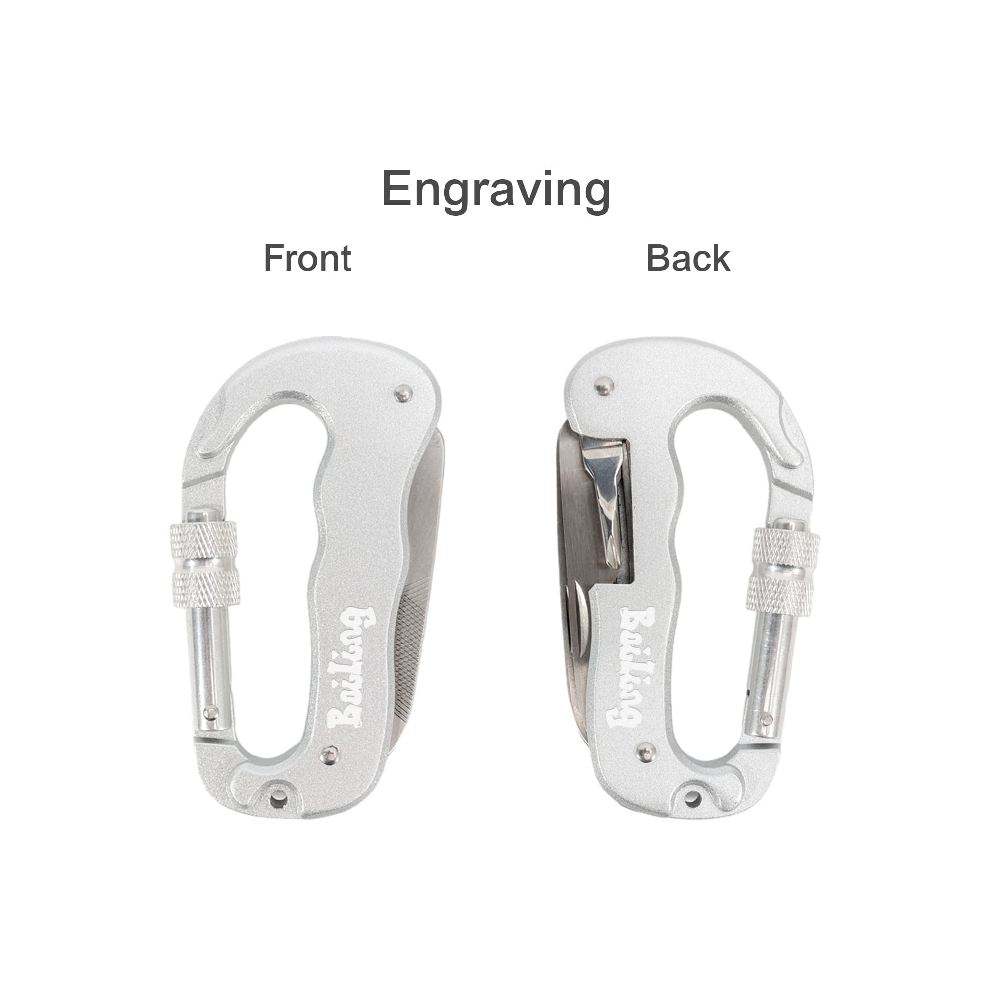 A silver multifunctional carabiner featuring a front and back view, with a logo on one side.