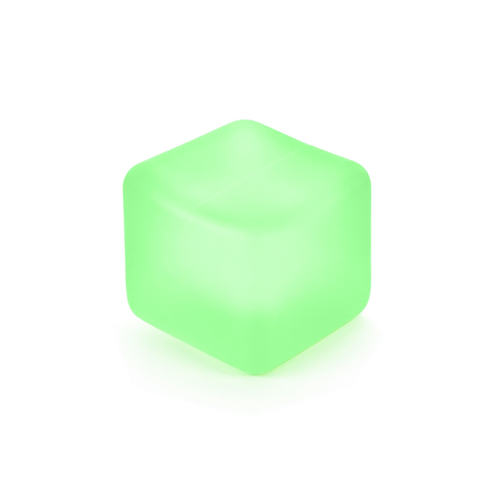 A squishy stress relief cube in a light green colour with a smooth, glossy surface. It has a simple cube shape.