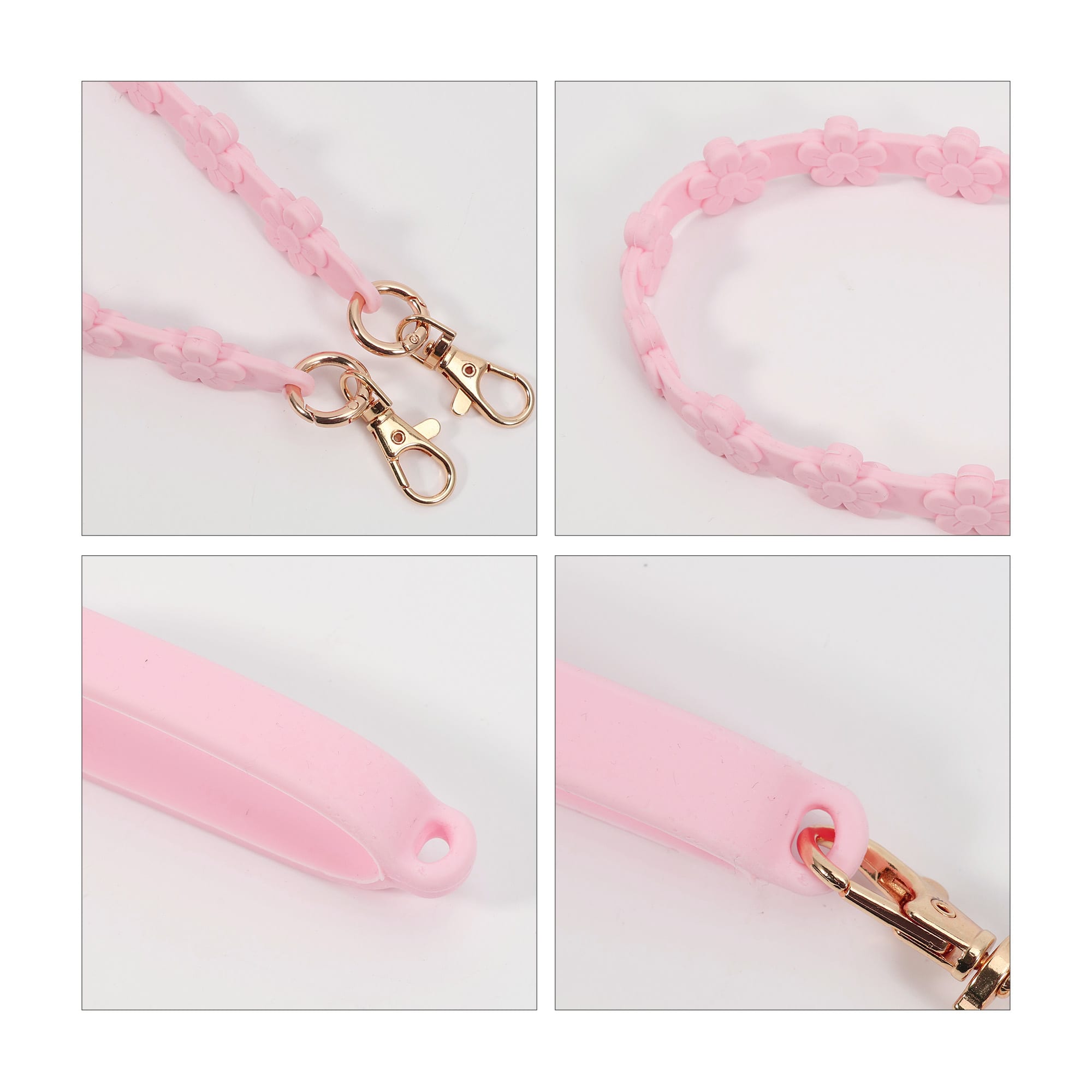 A drink bottle strap featuring a pink silicone design with flower details and gold clasps for attachment.