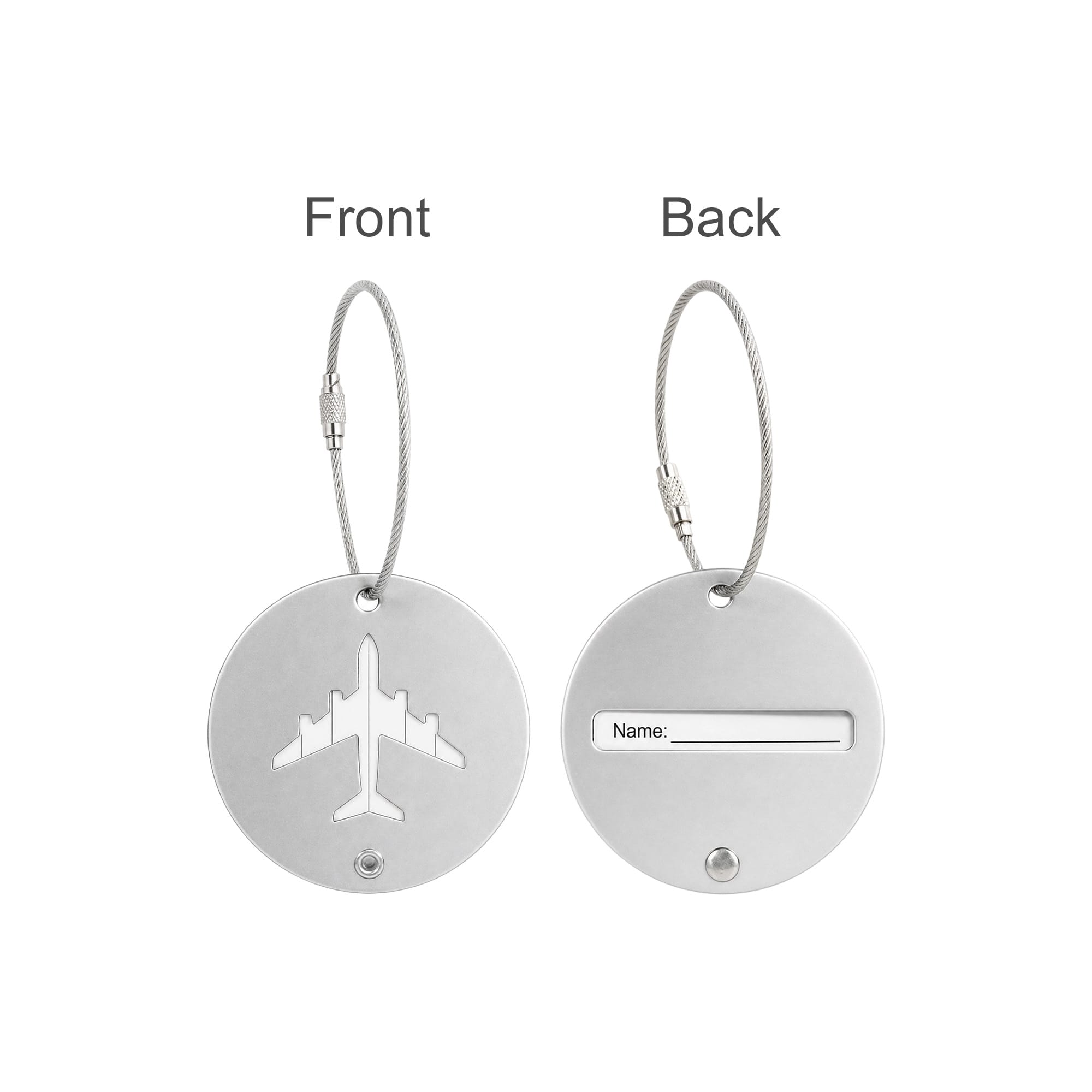 A round wire cable luggage tag in silver with an airplane cutout on the front and a blank name section on the back.
