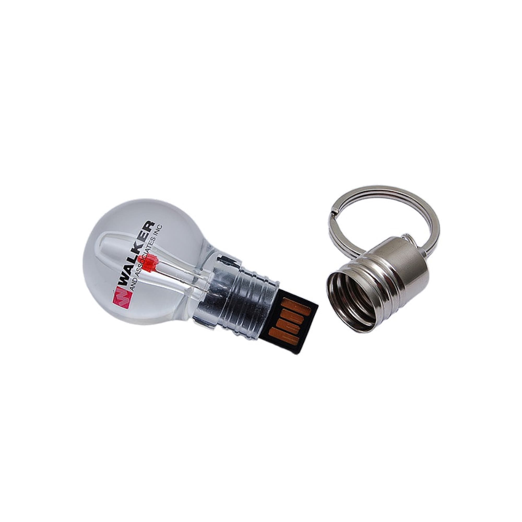 A light bulb-shaped flash drive in transparent plastic, featuring a metallic keyring attachment.