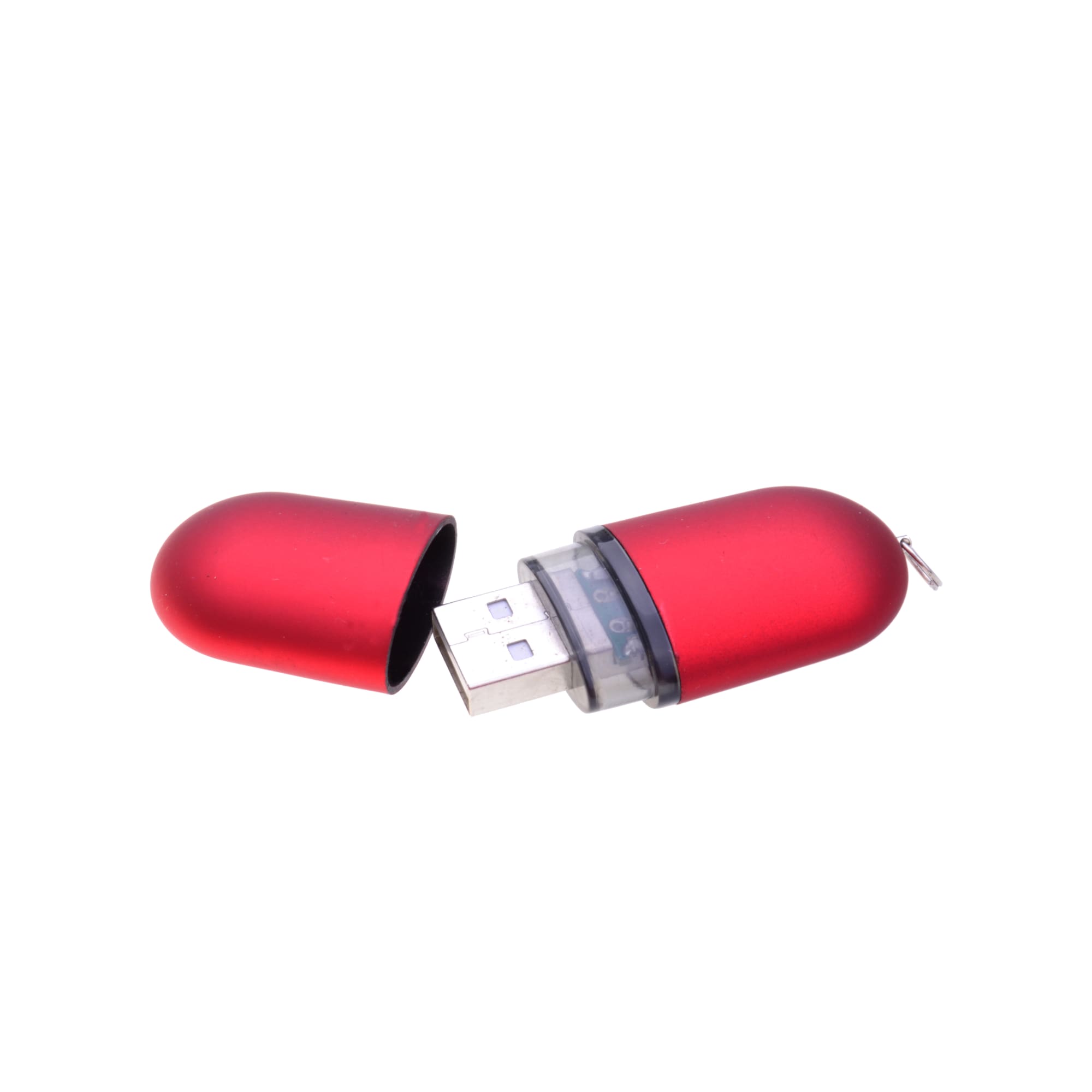 A red capsule-shaped flash drive with a removable cap, featuring a USB connector. It has a sleek metallic finish.