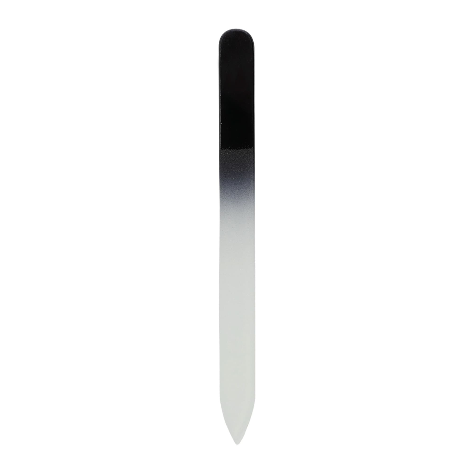 A gradient glass nail file in black and white, featuring a sleek, tapered design. It includes a branding logo.