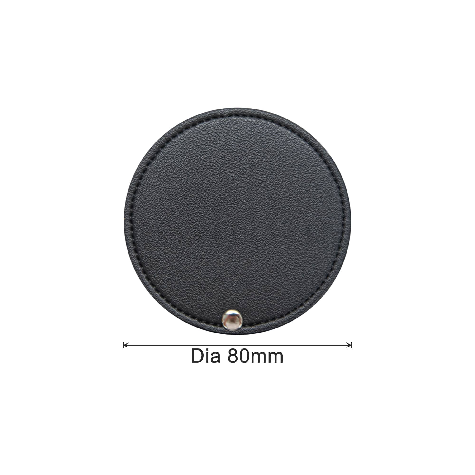 A round black makeup mirror with a diameter of 80mm, featuring a sleek leather-like texture.