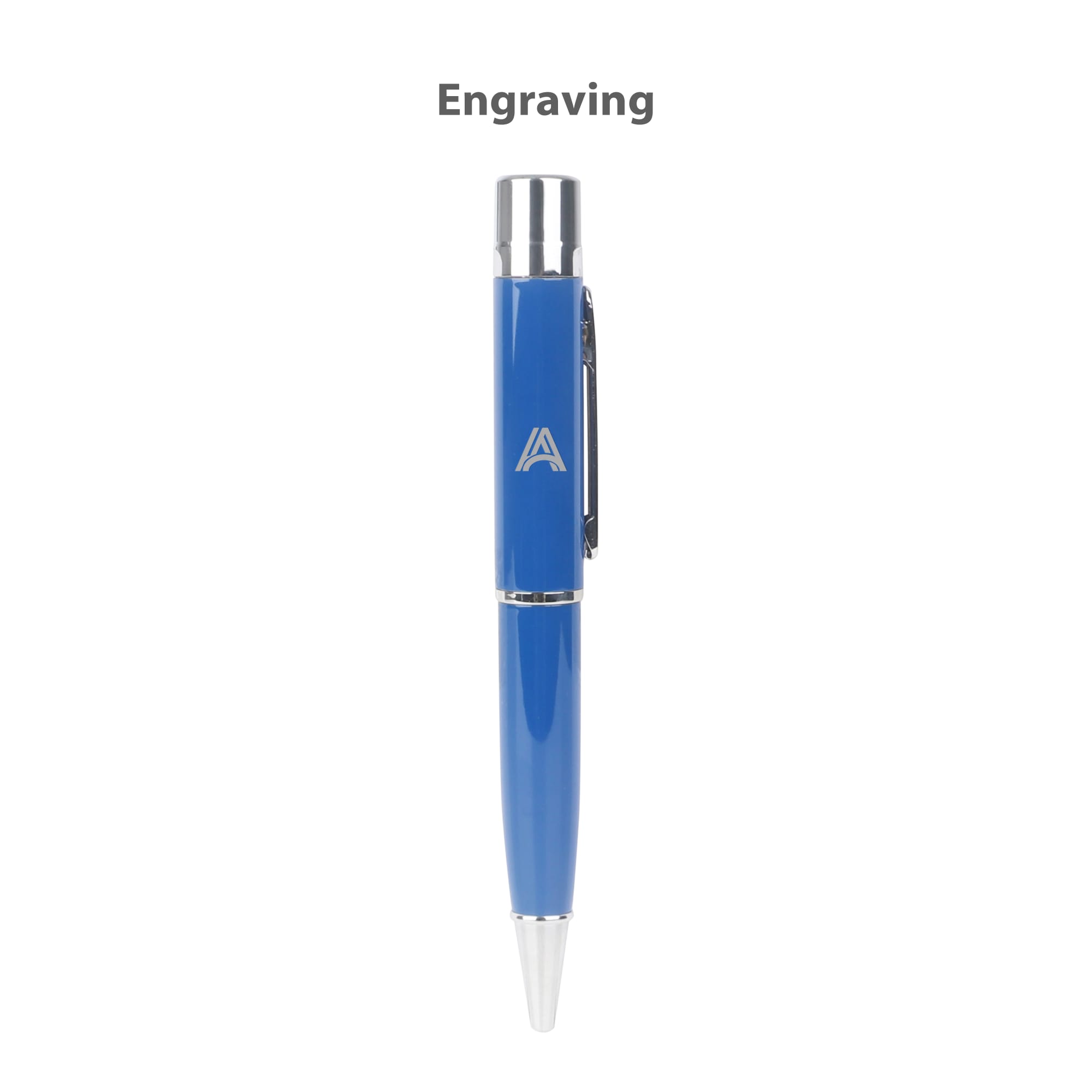 A blue metal pen featuring a clip and a logo, designed for engraving.