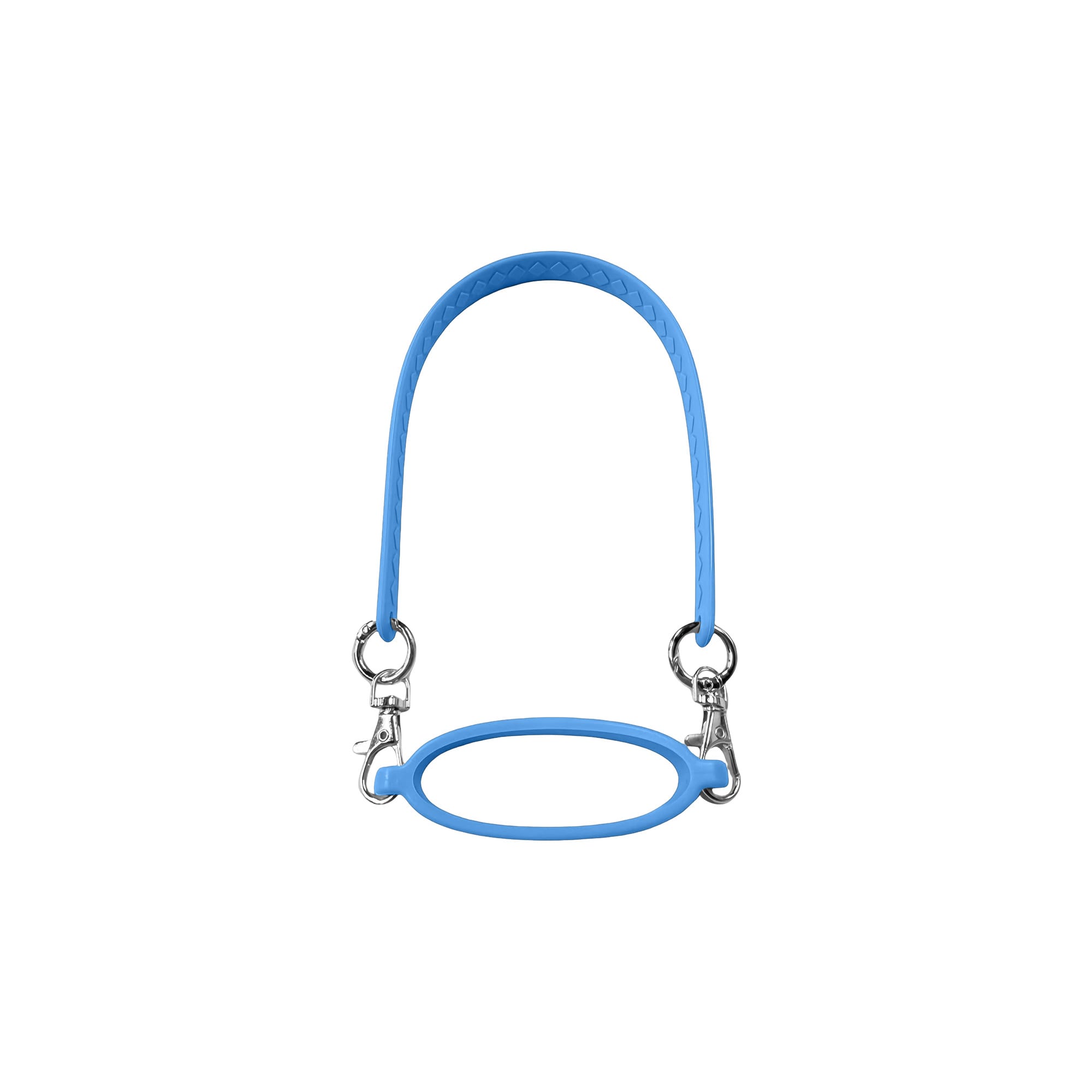 A drink bottle carry strap in blue silicone, featuring two metal clips for attachment.