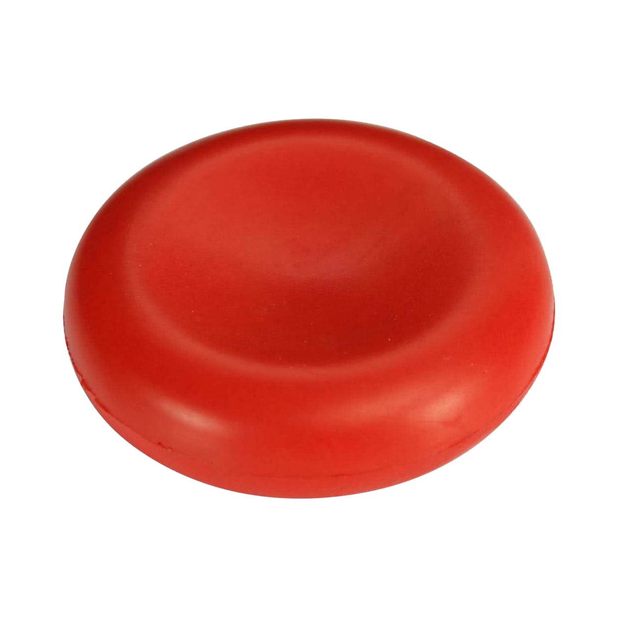A red stress reliever shaped like a cell, with a smooth, rounded surface. It features a logo on one side.