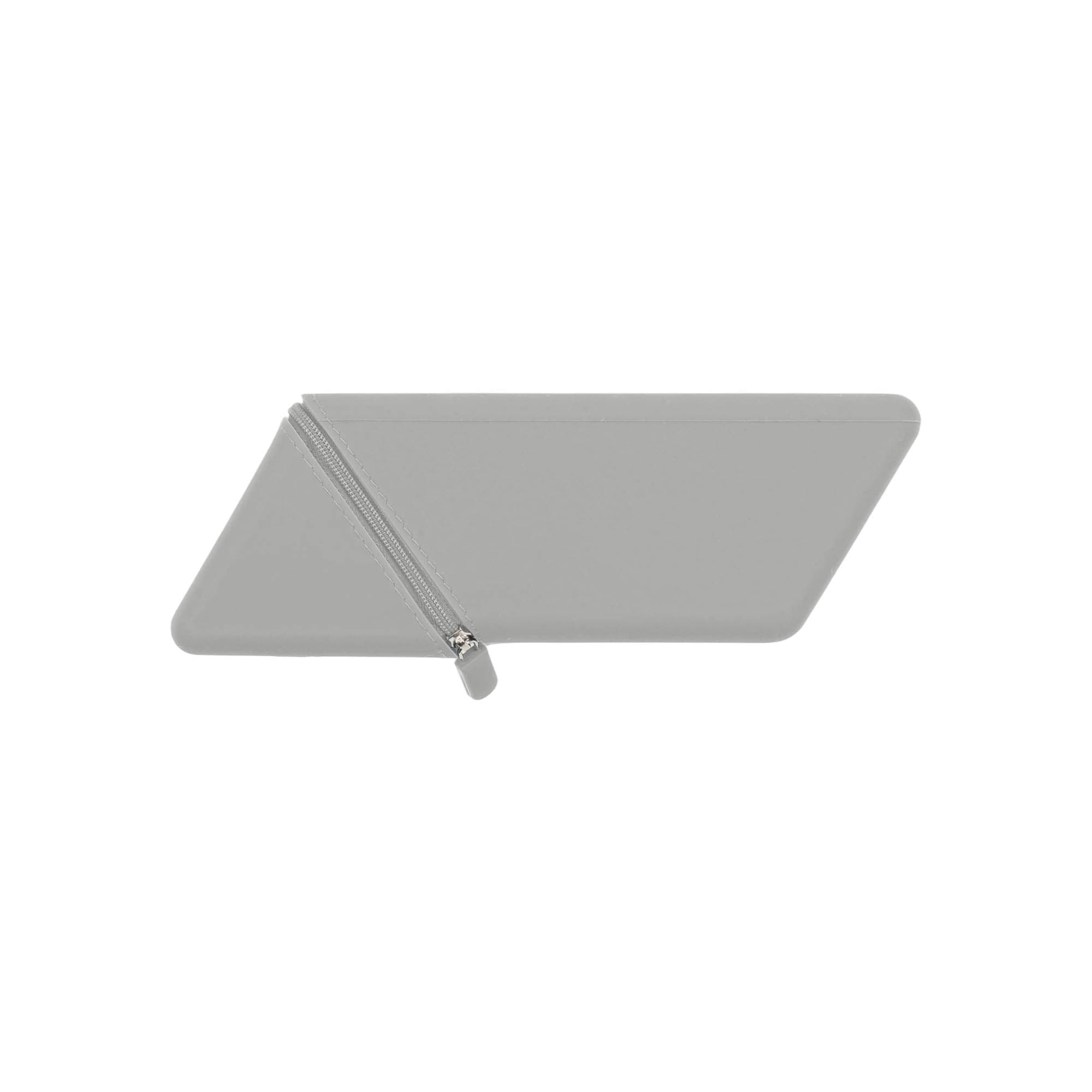 A grey silicone pen holder with a zippered compartment. It features a sleek, geometric design and has a logo.