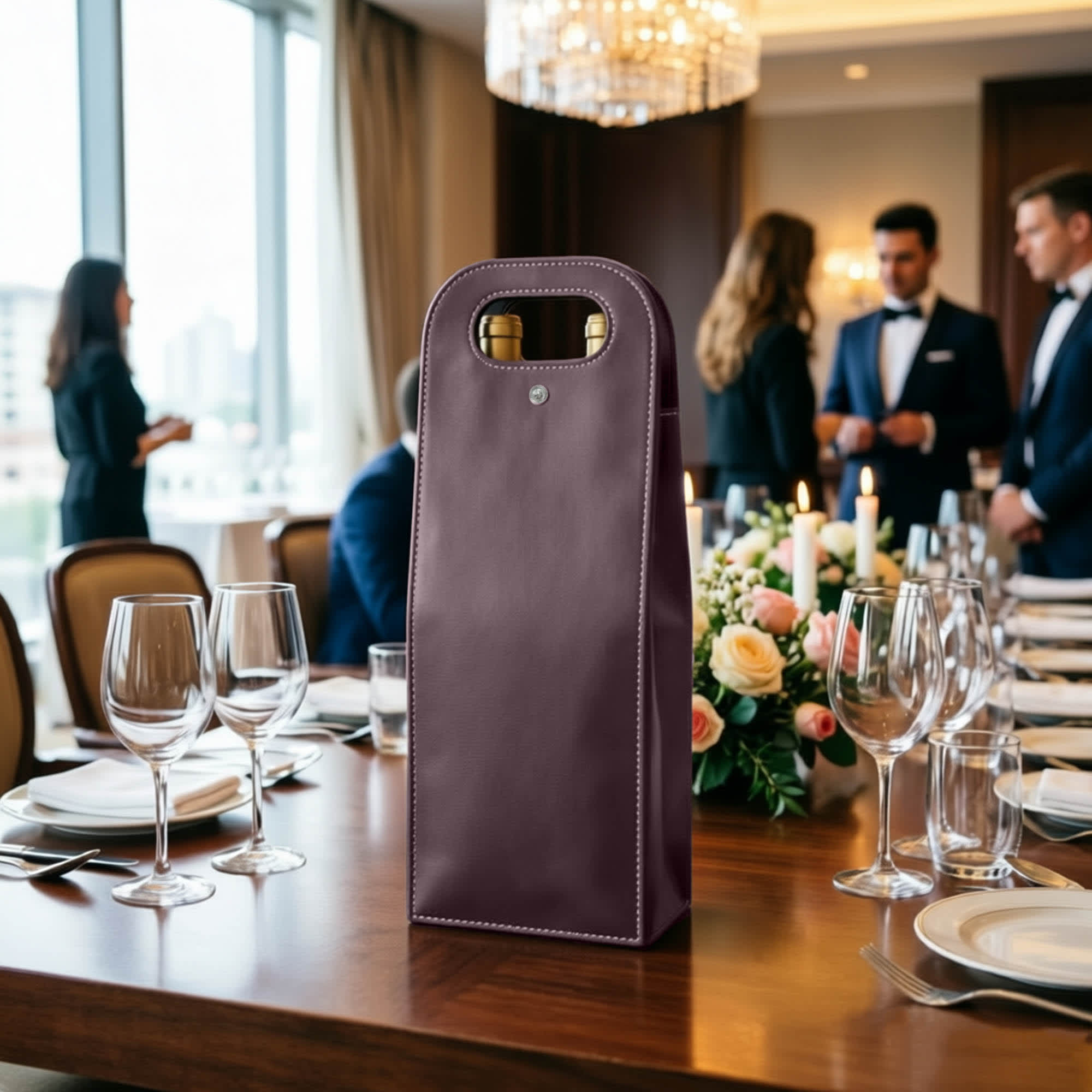 A drink bottle bag in deep burgundy, designed to hold two wine bottles, displayed on a dining table.