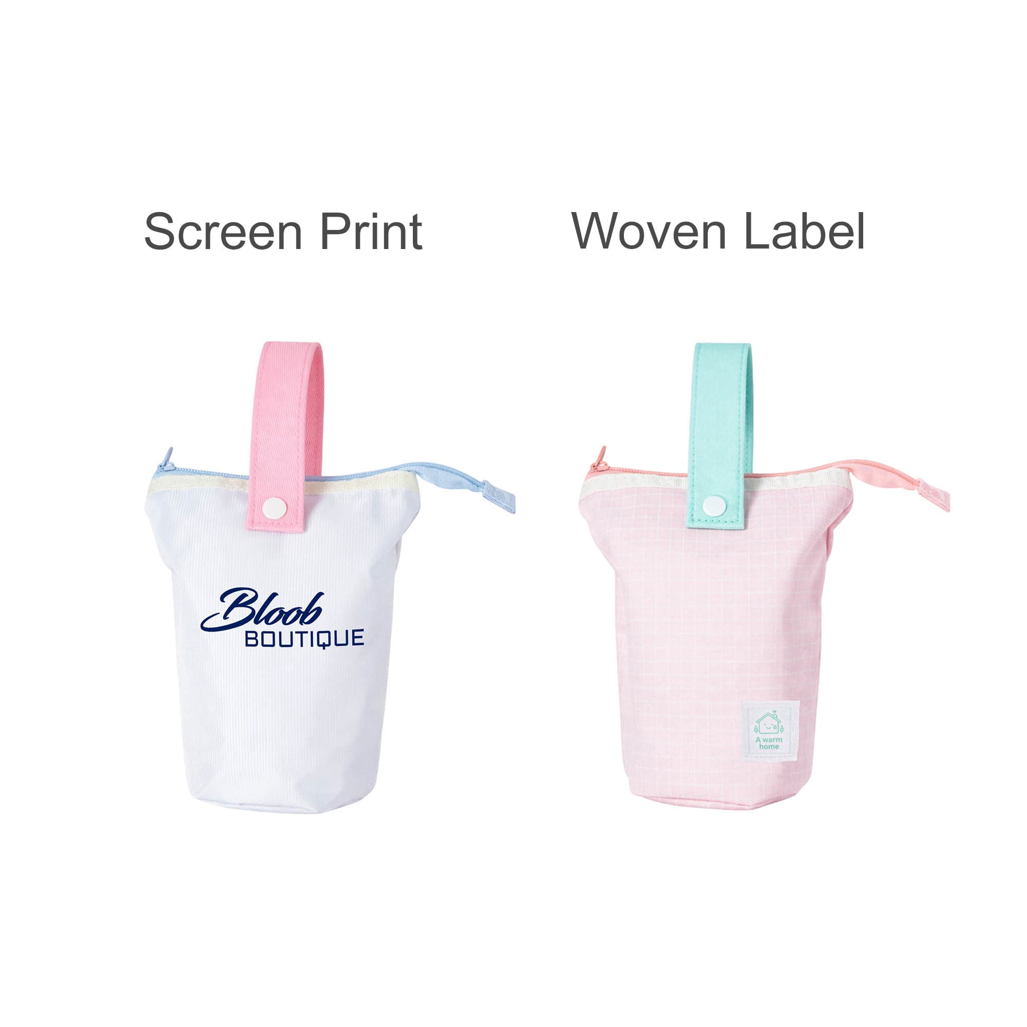 A foldable pencil case with a handle, available in pink and blue colour options, featuring a logo.