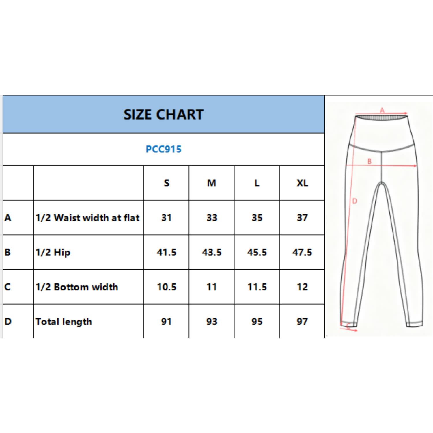 A size chart for Women's High-Waisted Elastic LYCRA Yoga Long Leggings, listing measurements in various sizes.