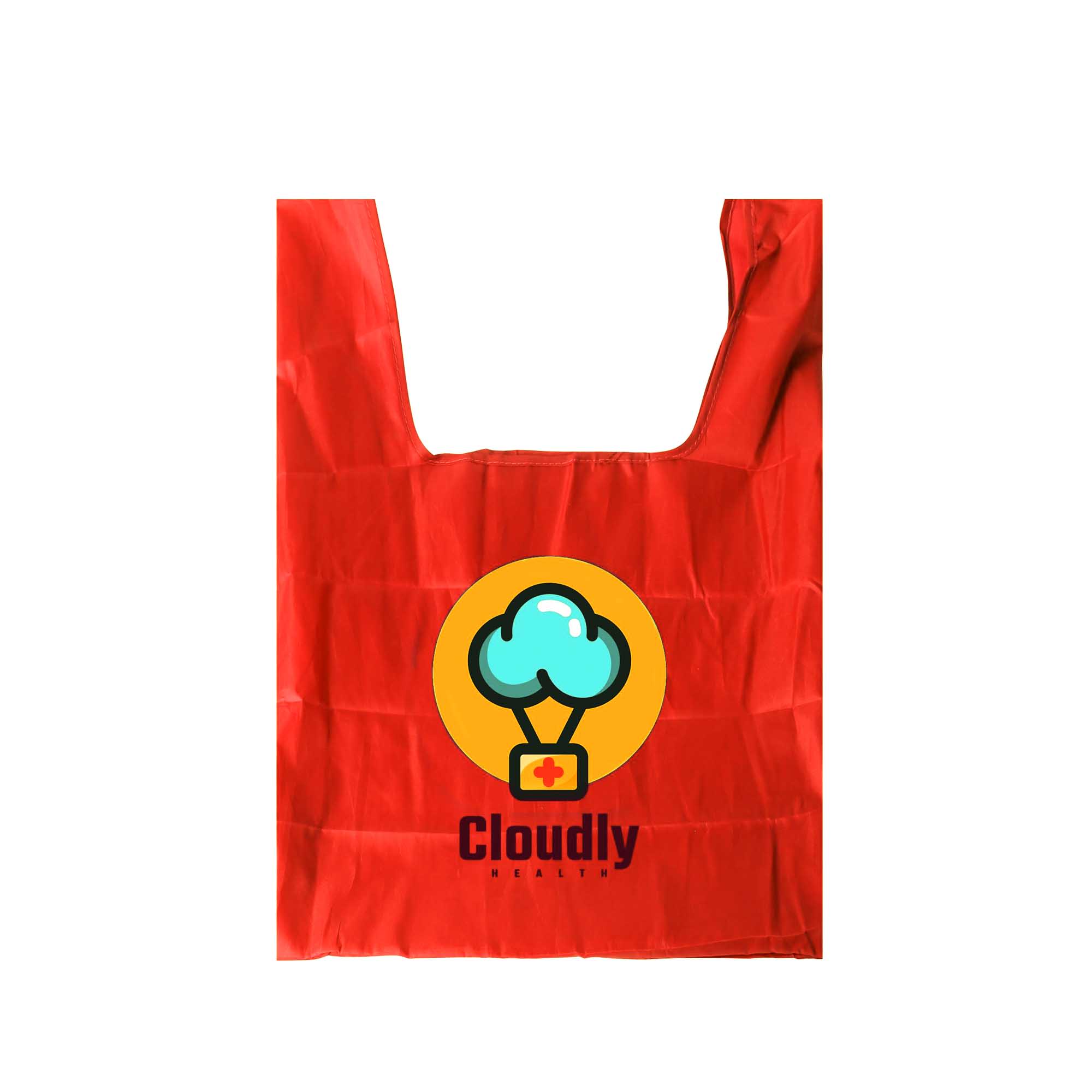 A red reusable foldaway shopping bag featuring a logo on the front.
