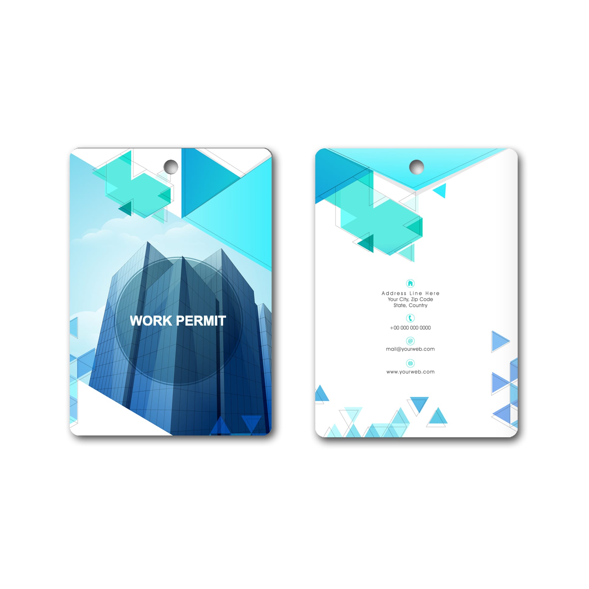 A large name tag in shades of blue and white with geometric designs, featuring a hole for attachment and space for information.