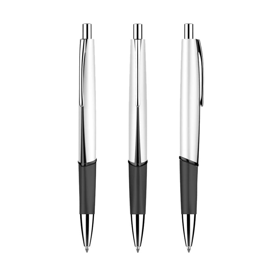 A set of three sleek silver plastic pens with black grips, featuring a simple design and shiny finish.