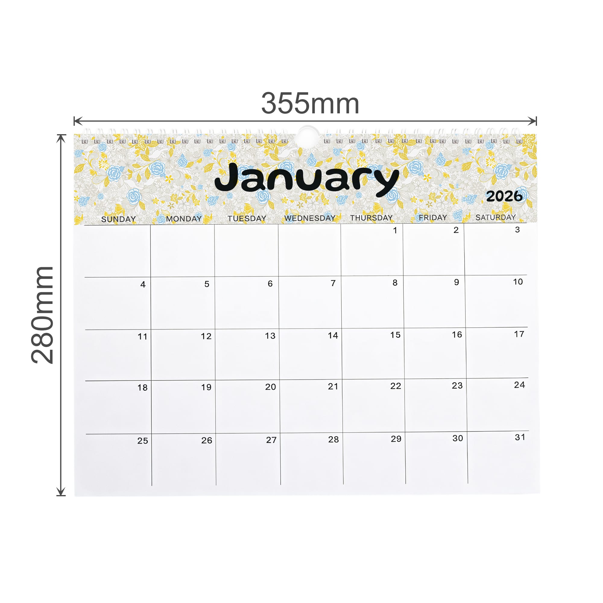 A horizontal wall calendar featuring a floral design, predominantly yellow and white, displaying January 2026.