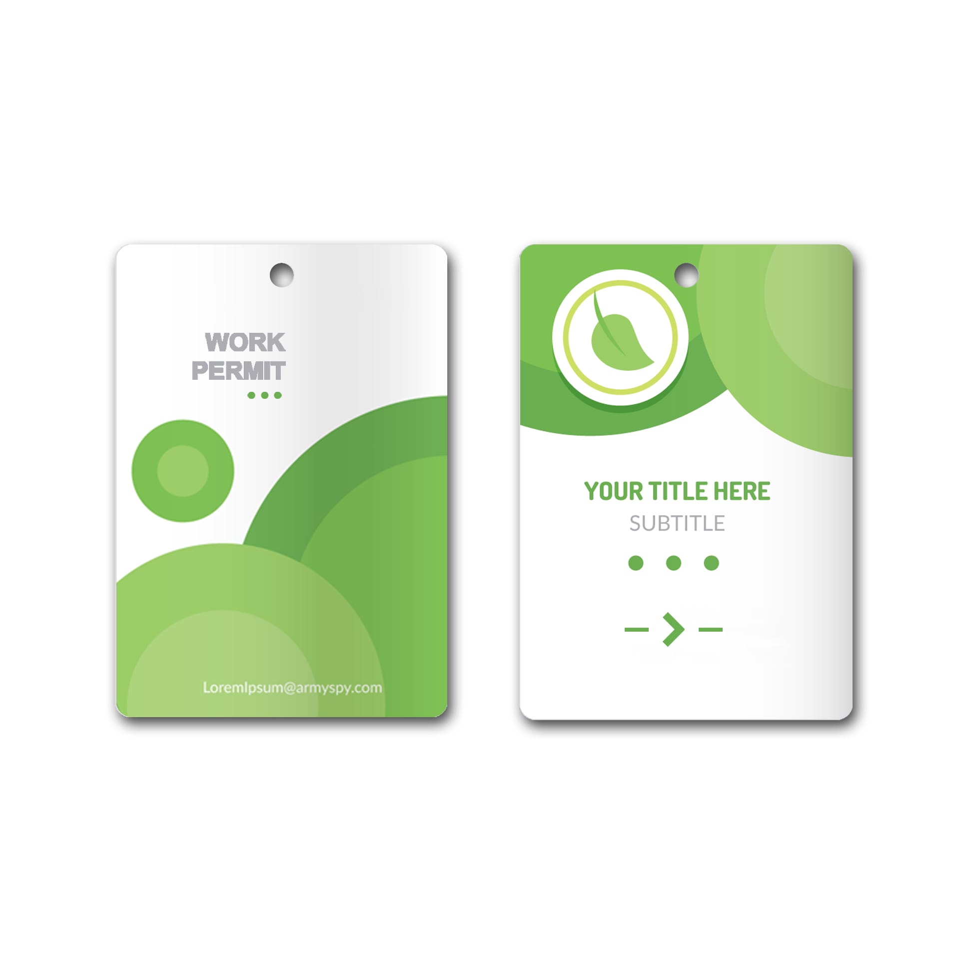 Large green printed name tags featuring abstract designs, one side with a logo and text, and the other side for personalisation.