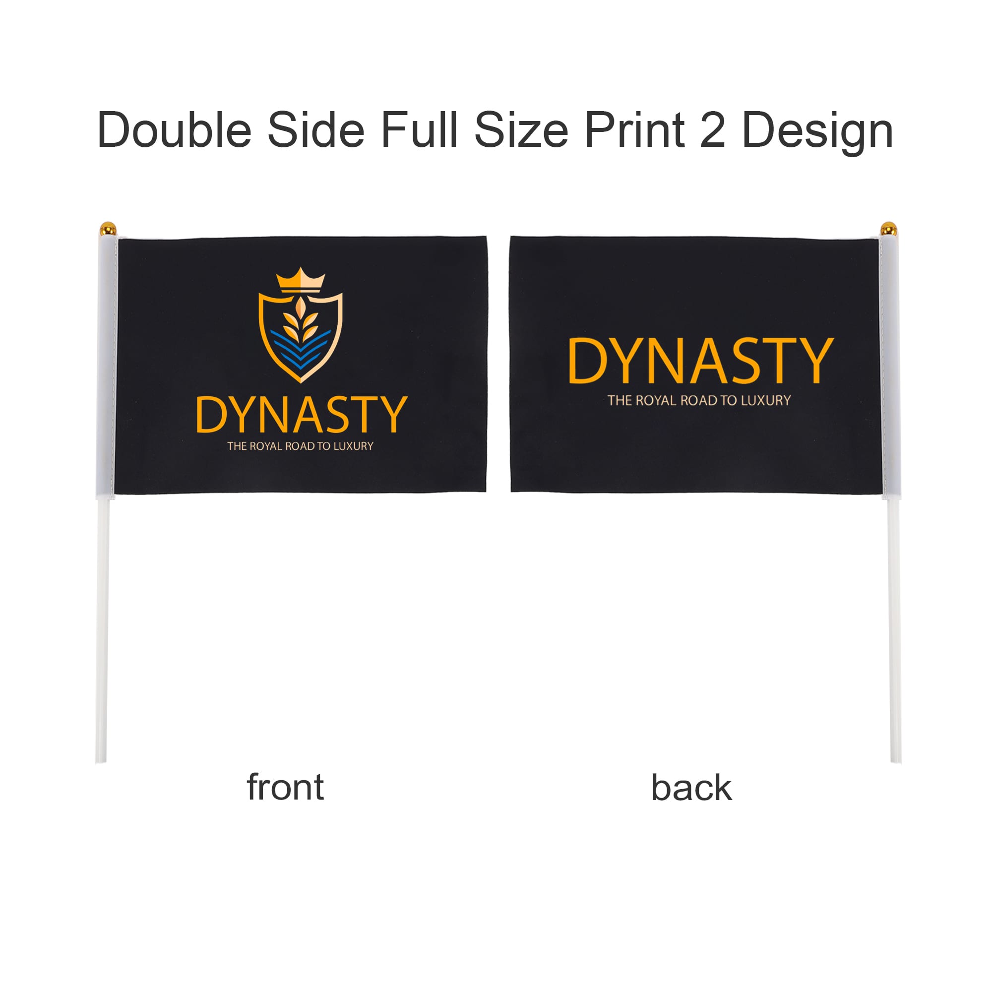 A rectangular cheering flag stick features a double-sided black flag with gold text and a logo on both sides.