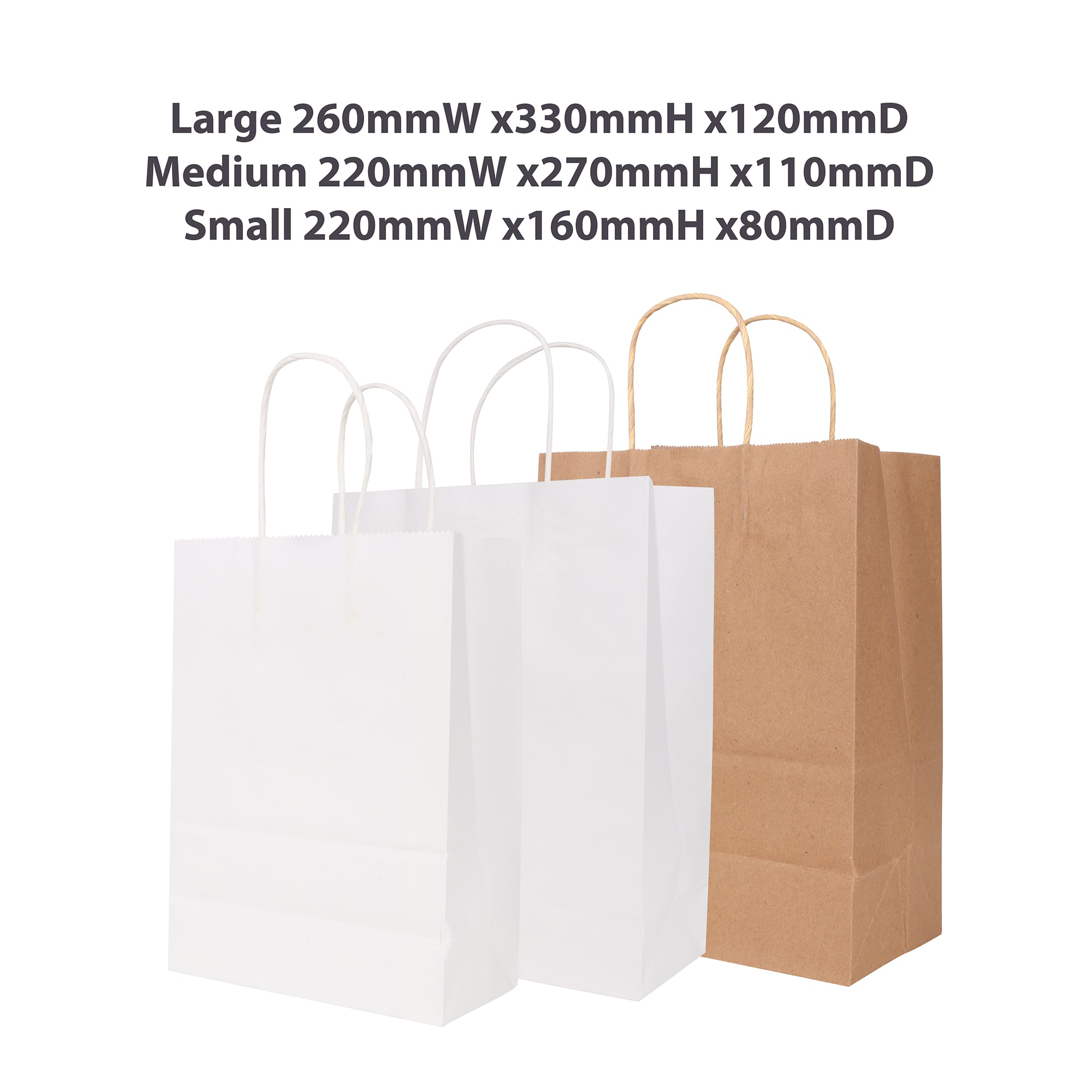 A collection of kraft paper bags in white and brown, varying in size with twisted handles. One bag is brown.