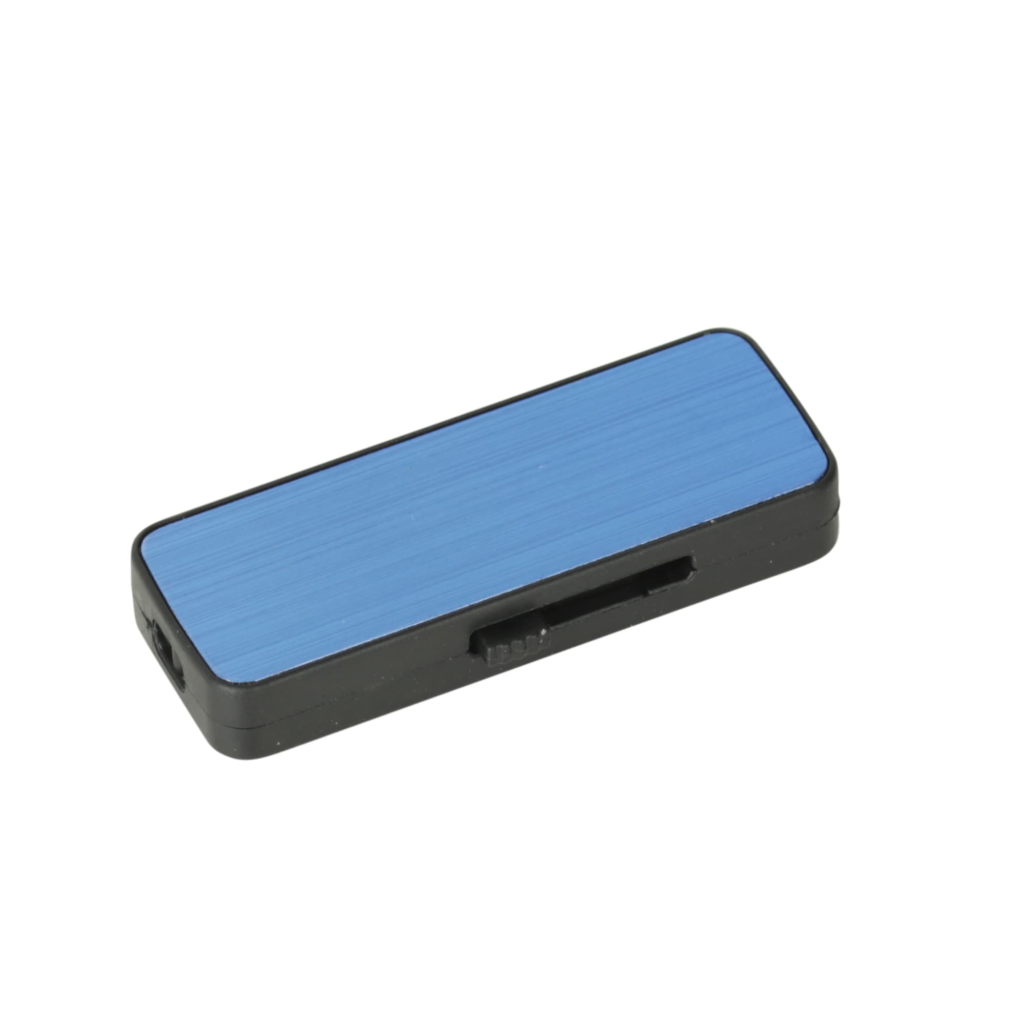 A blue and black sliding flash drive with a sleek design and branding on the side.