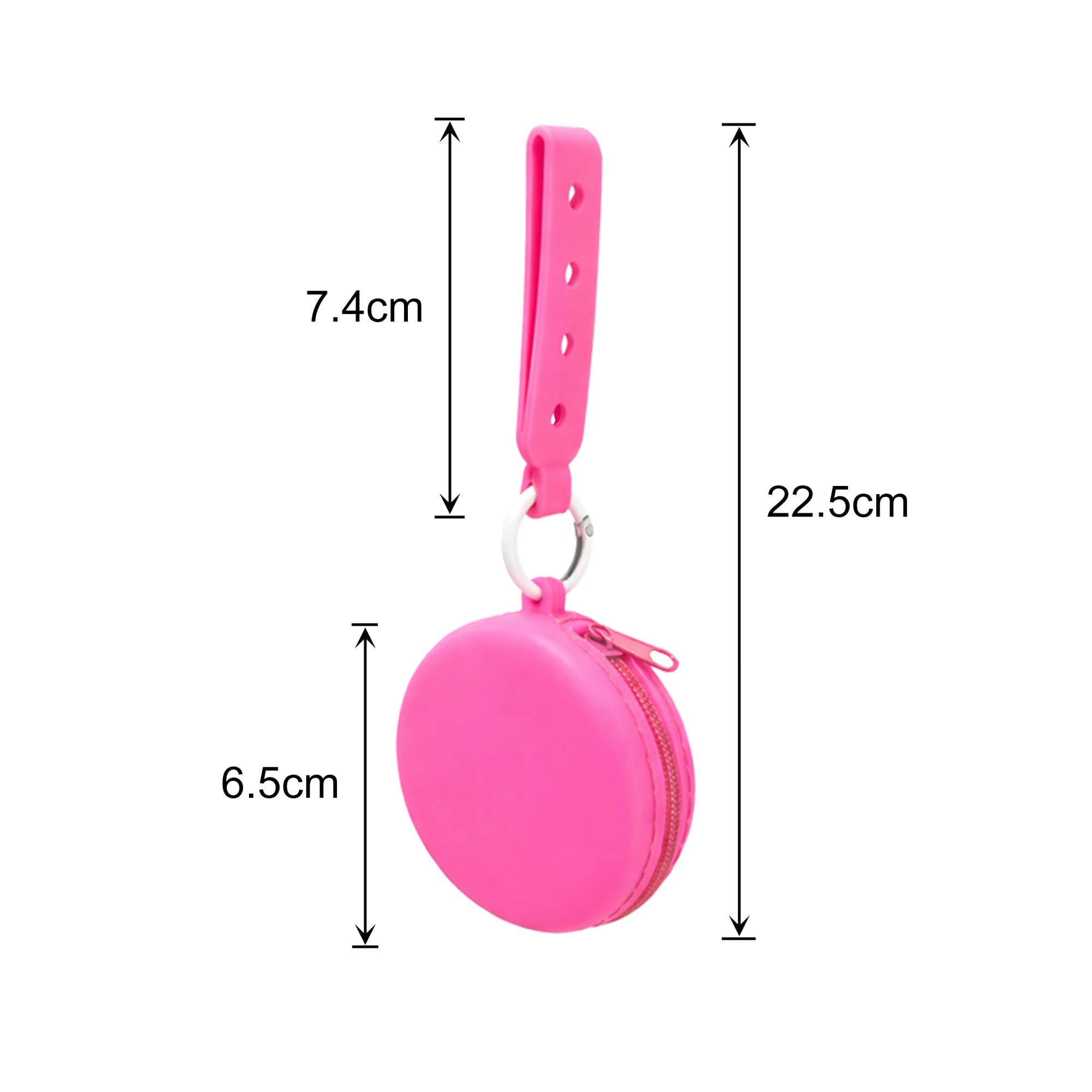 A pink silicone pouch with a strap, featuring holes for attachment, measuring 7.4cm by 6.5cm.