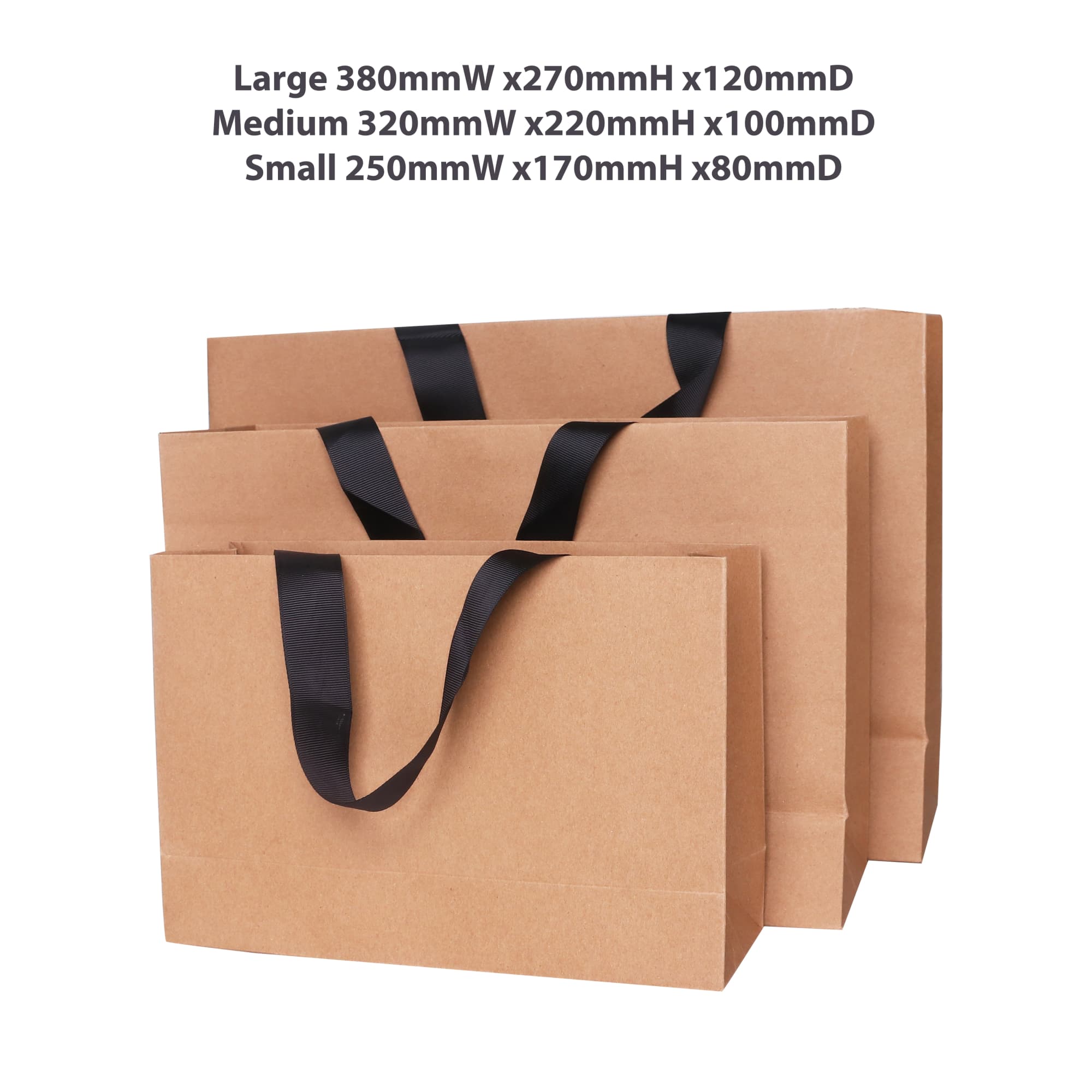 A medium brown paper bag with a flat black handle, measuring 320mm x 220mm x 100mm, displayed among smaller and larger bags.