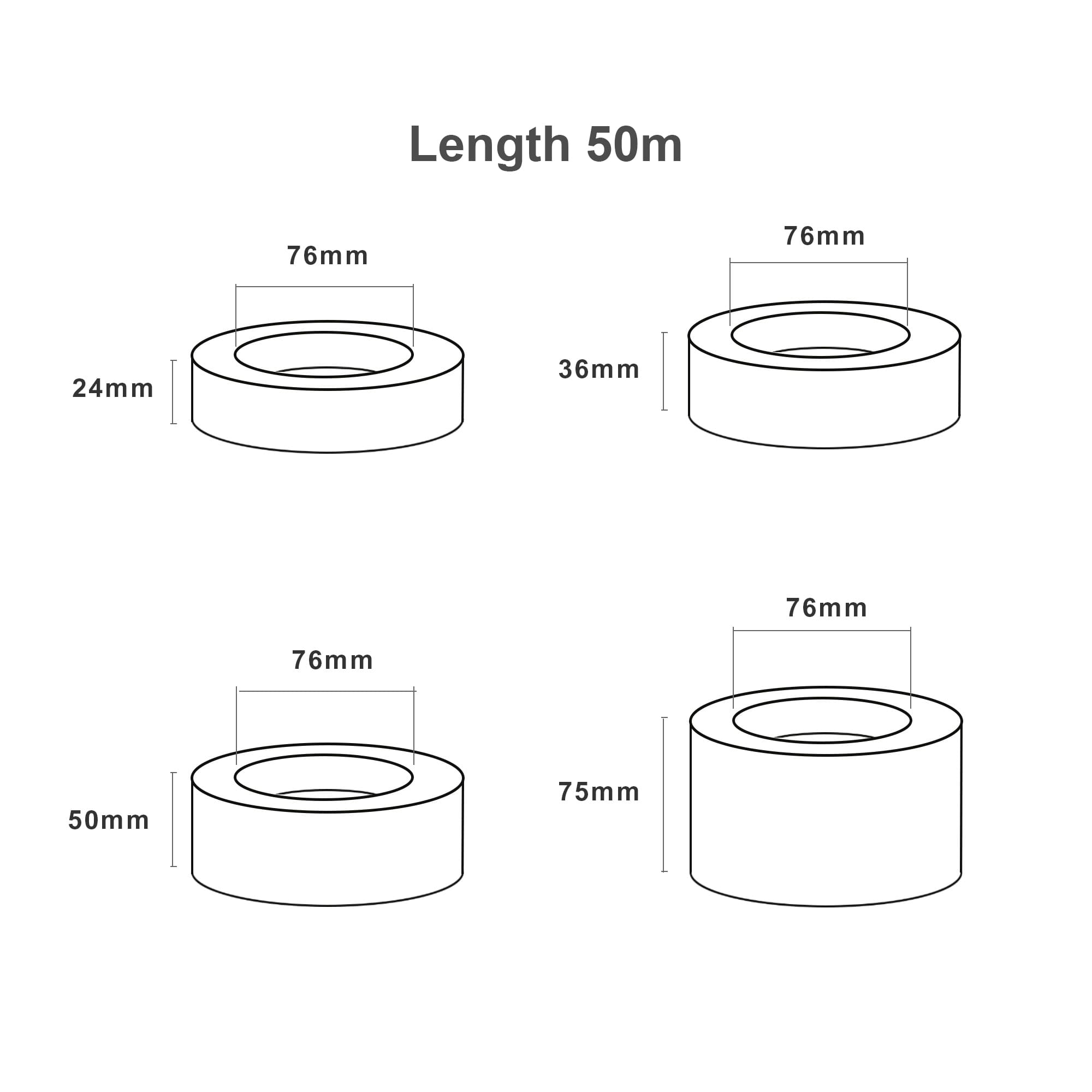A diagram depicting self-adhesive reinforced kraft paper tape with measurements, showcasing various roll sizes.