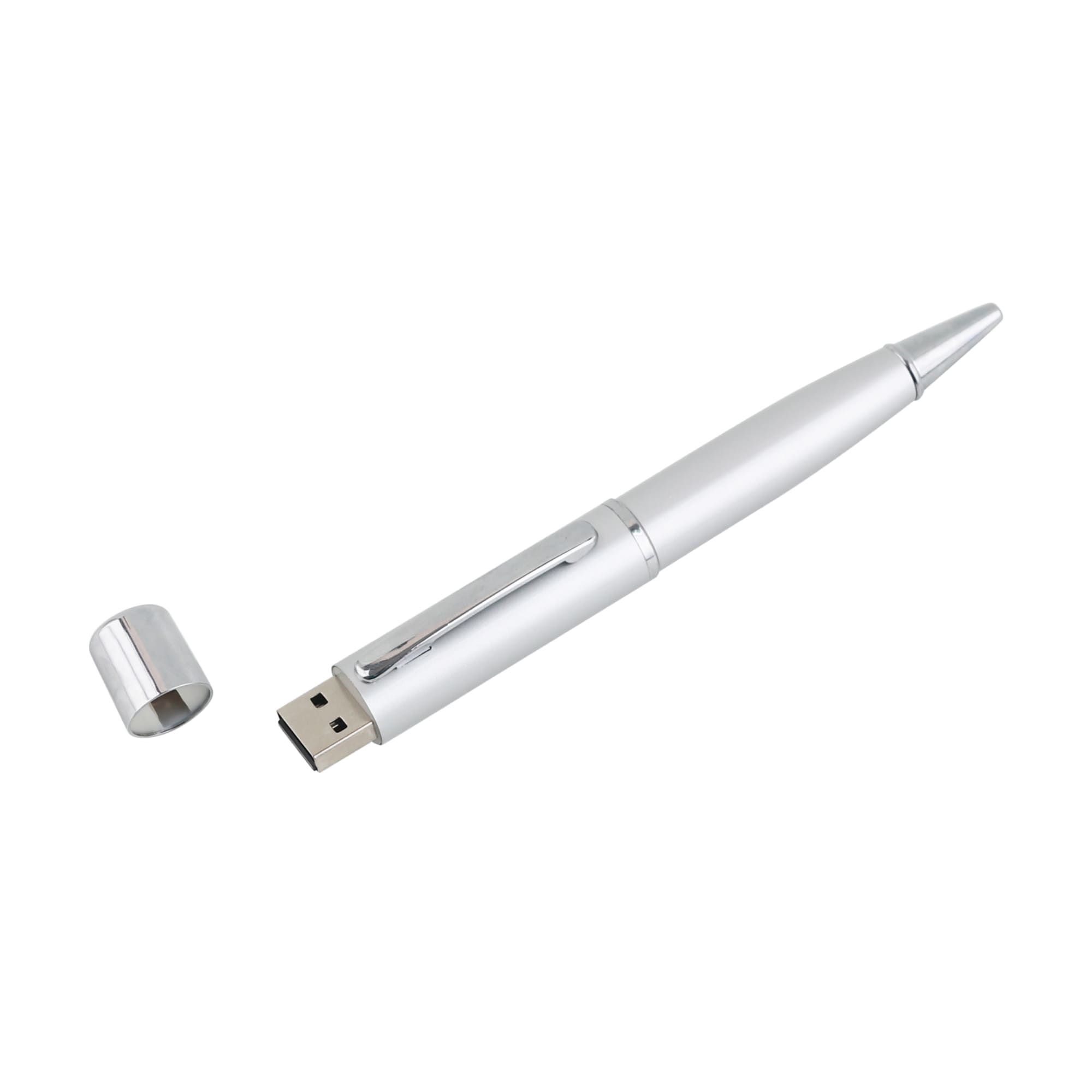 A silver metal pen flash drive with a removable cap, featuring a clip for easy attachment.