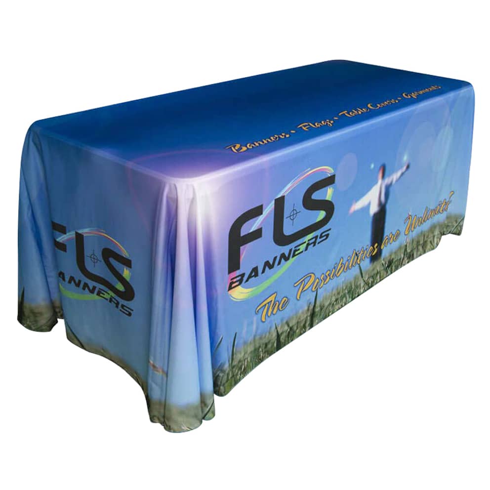 A promotional table cloth featuring a blue gradient design, with a logo, suitable for an 8ft table.
