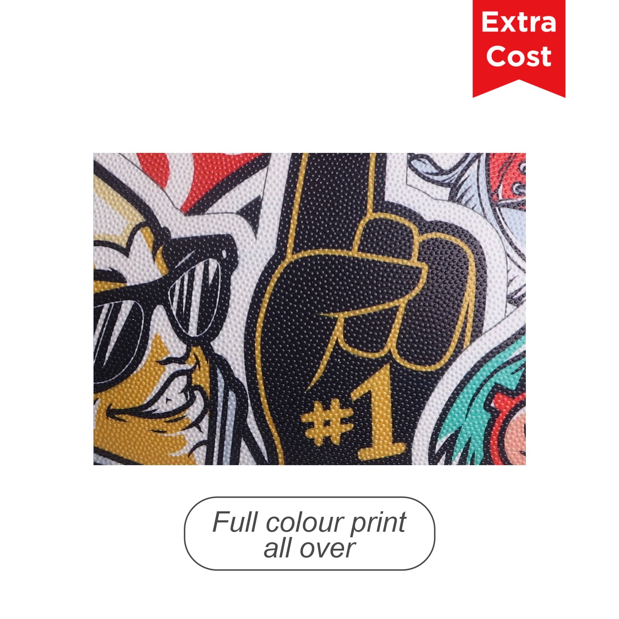 A close-up of a fabric featuring vibrant full-colour print designs with various graphics and patterns.