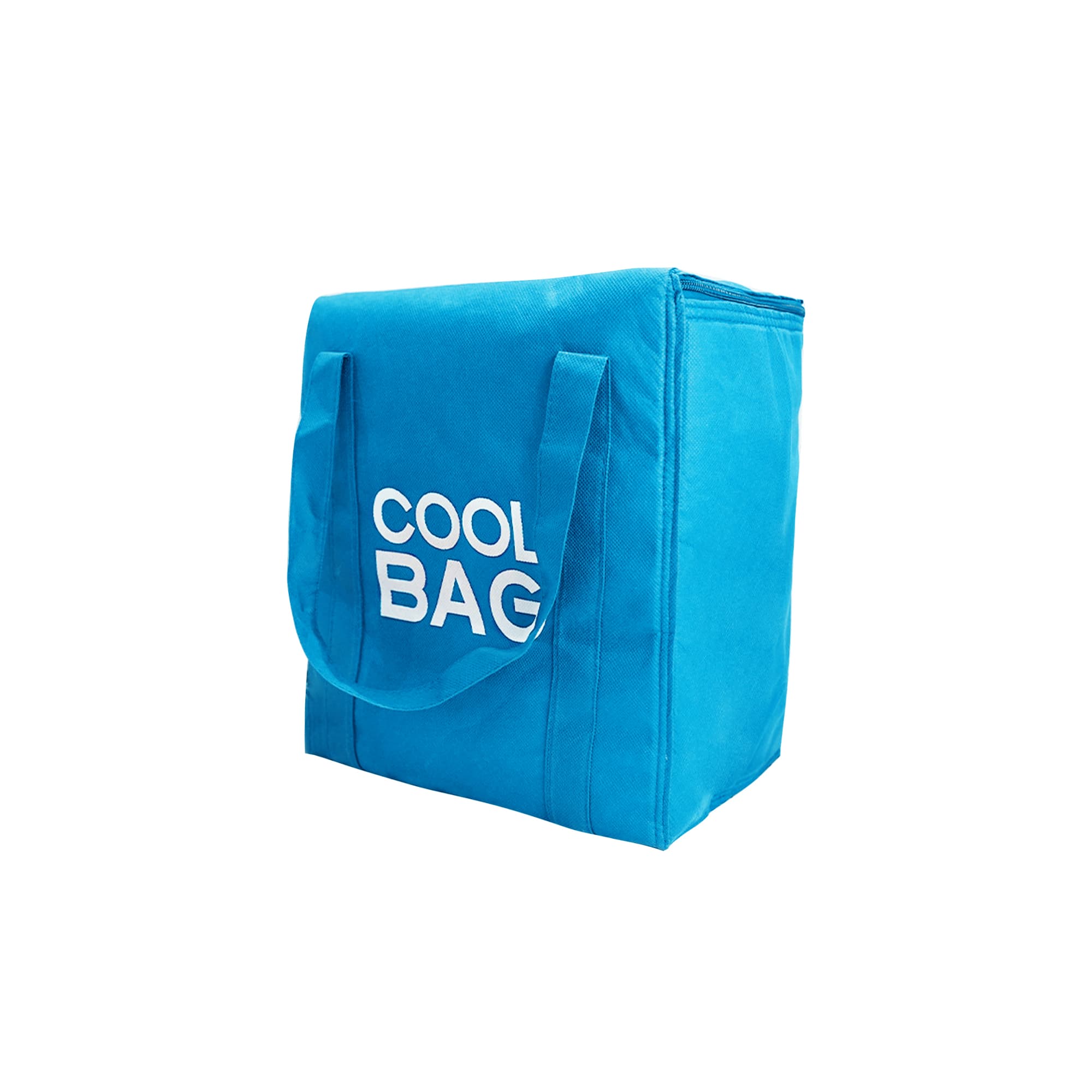 A blue non-woven cooler bag with two handles and a logo on the front.