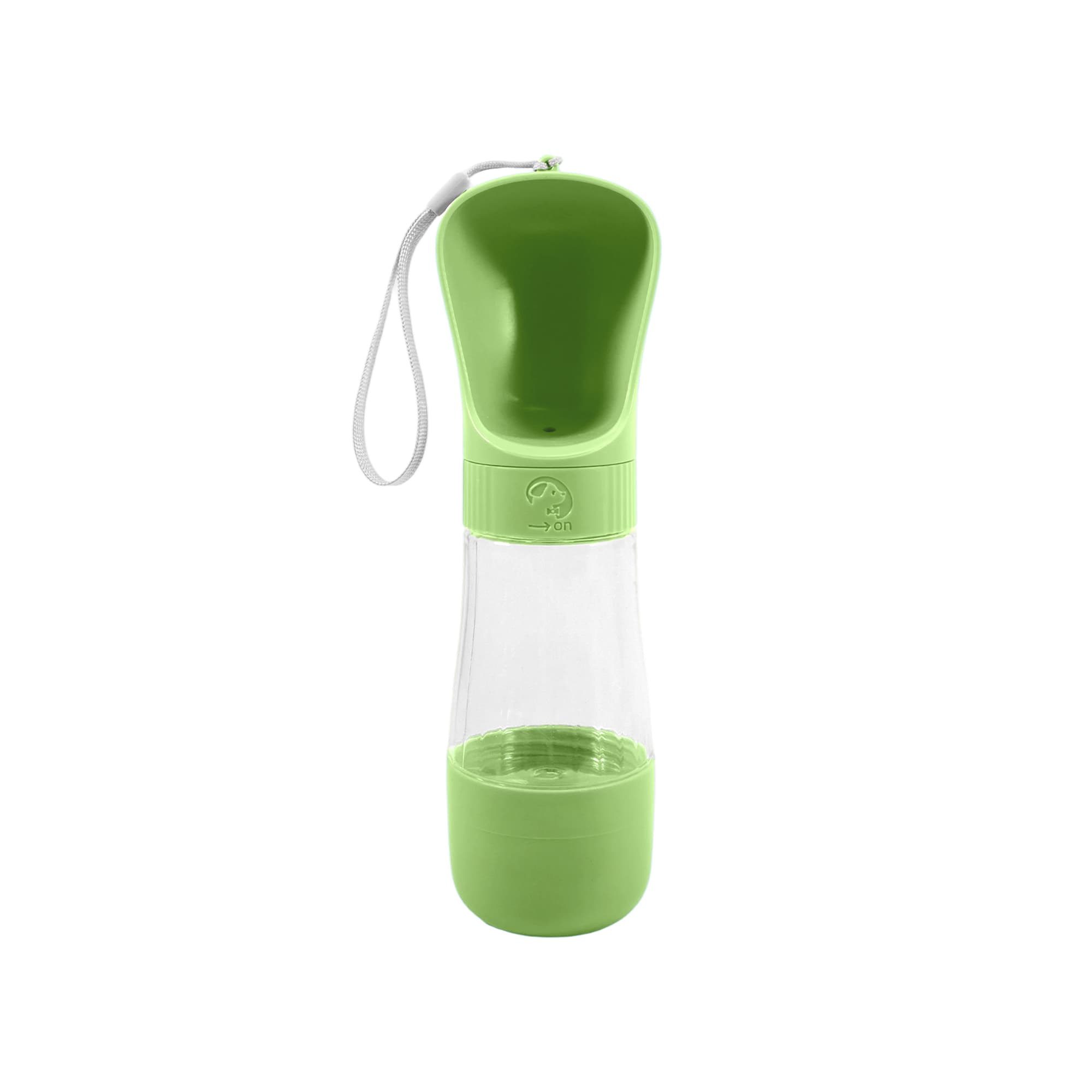A drink bottle and food container in green, featuring a top compartment for water and a lower section for food, with a strap.