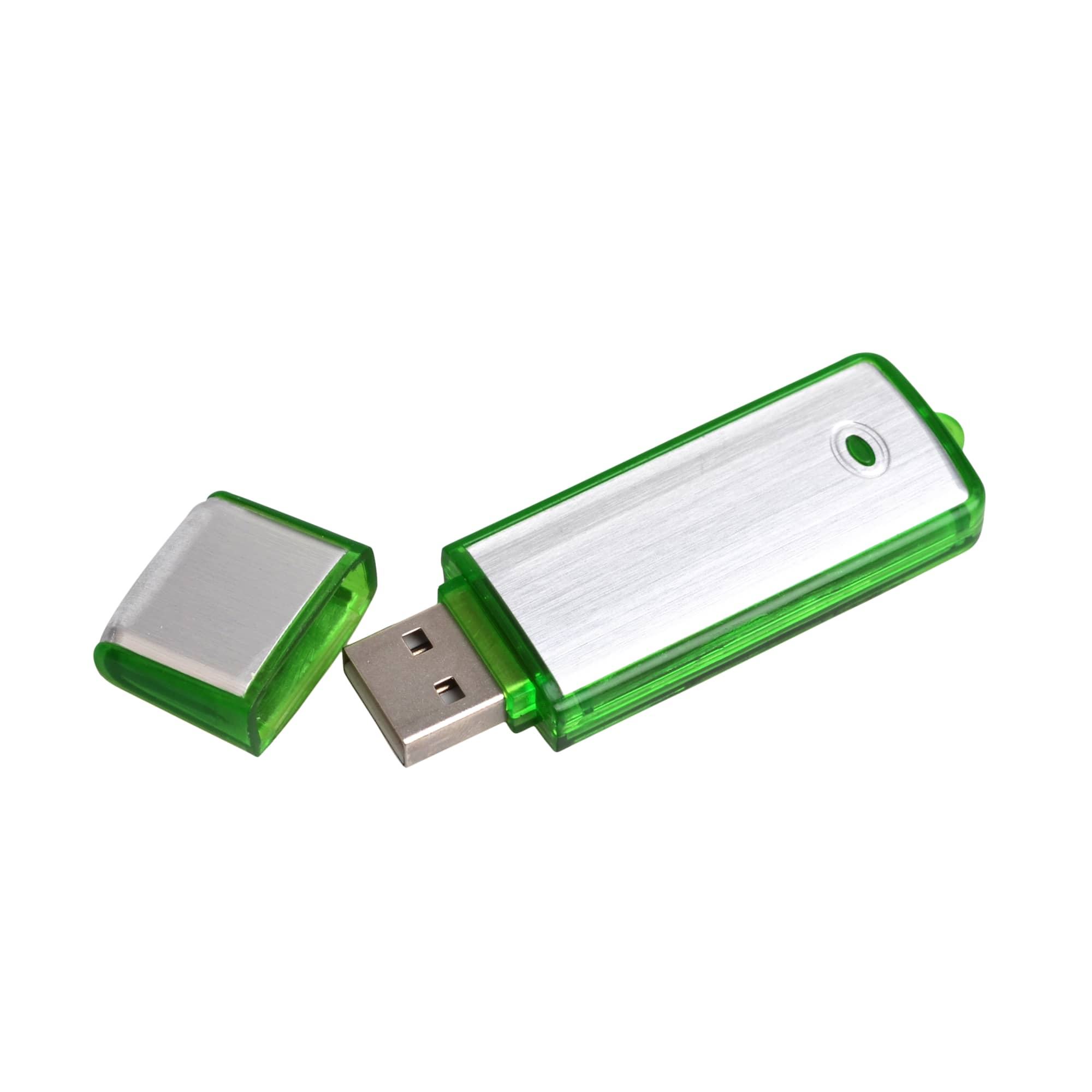 A green USB flash drive with a silver metallic cap and a small hole for attachment.