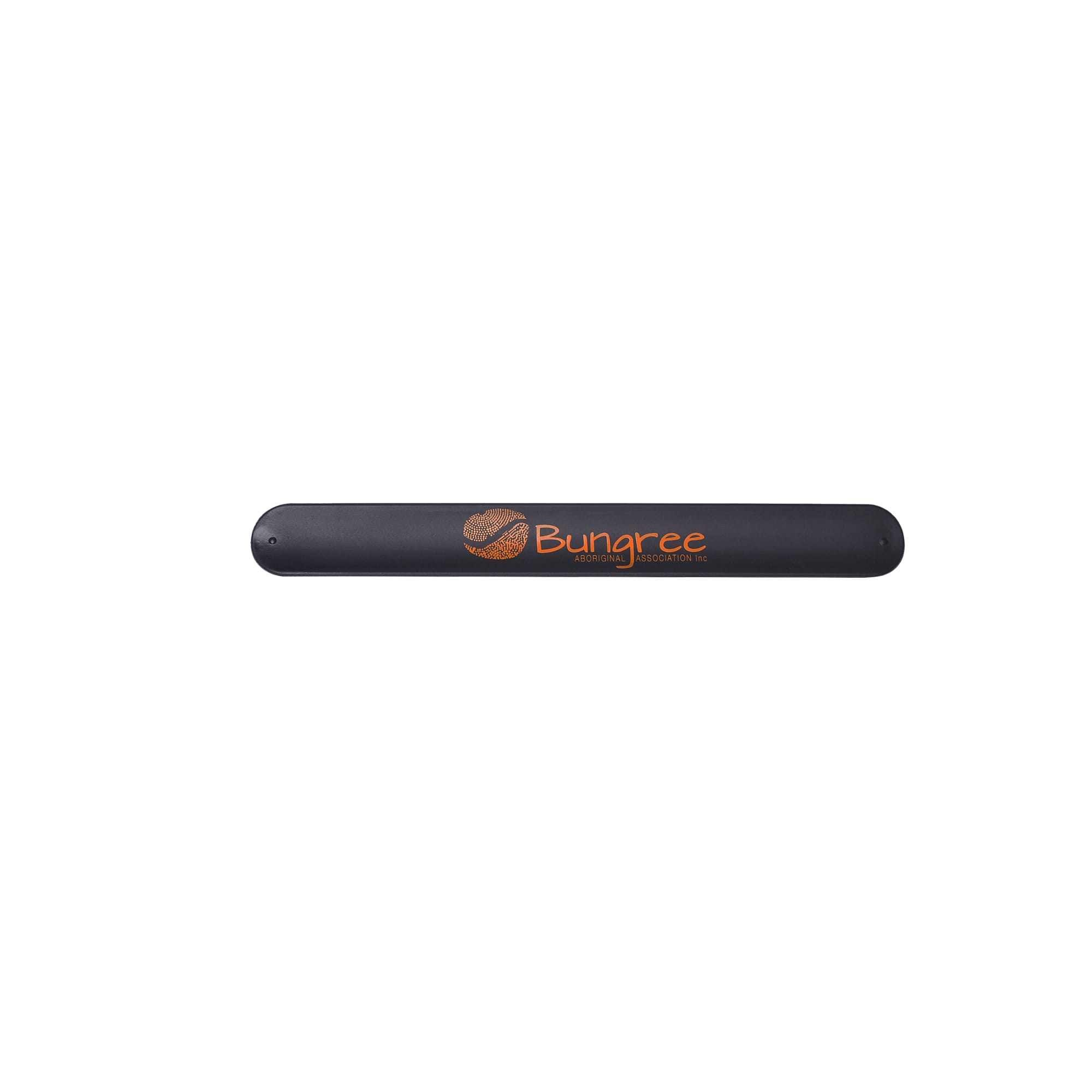 A black silicone slap band featuring a logo. Ideal for exhibitions and events.