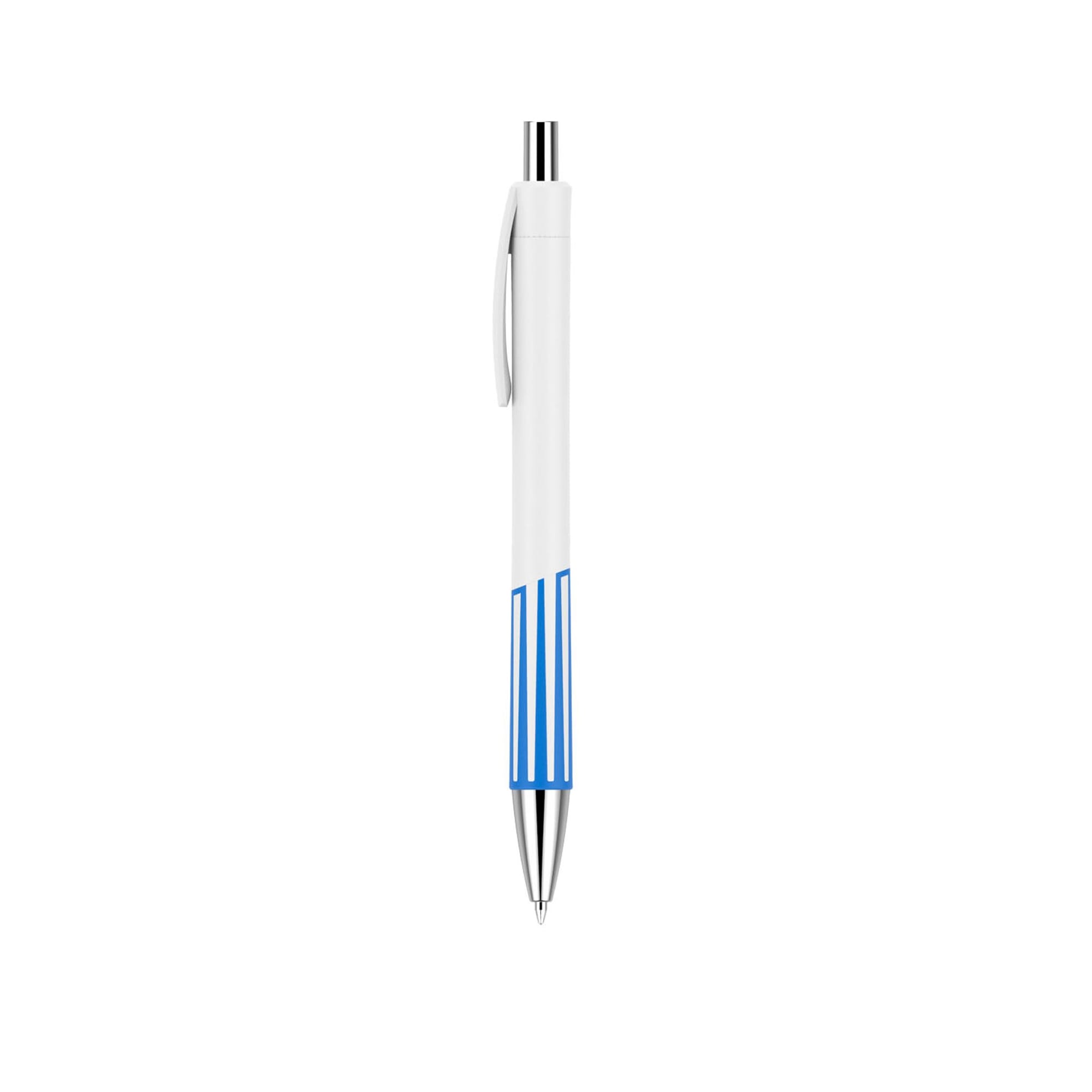 A plastic pen with a creamy white barrel and blue striped design, featuring a silver clip and tip.