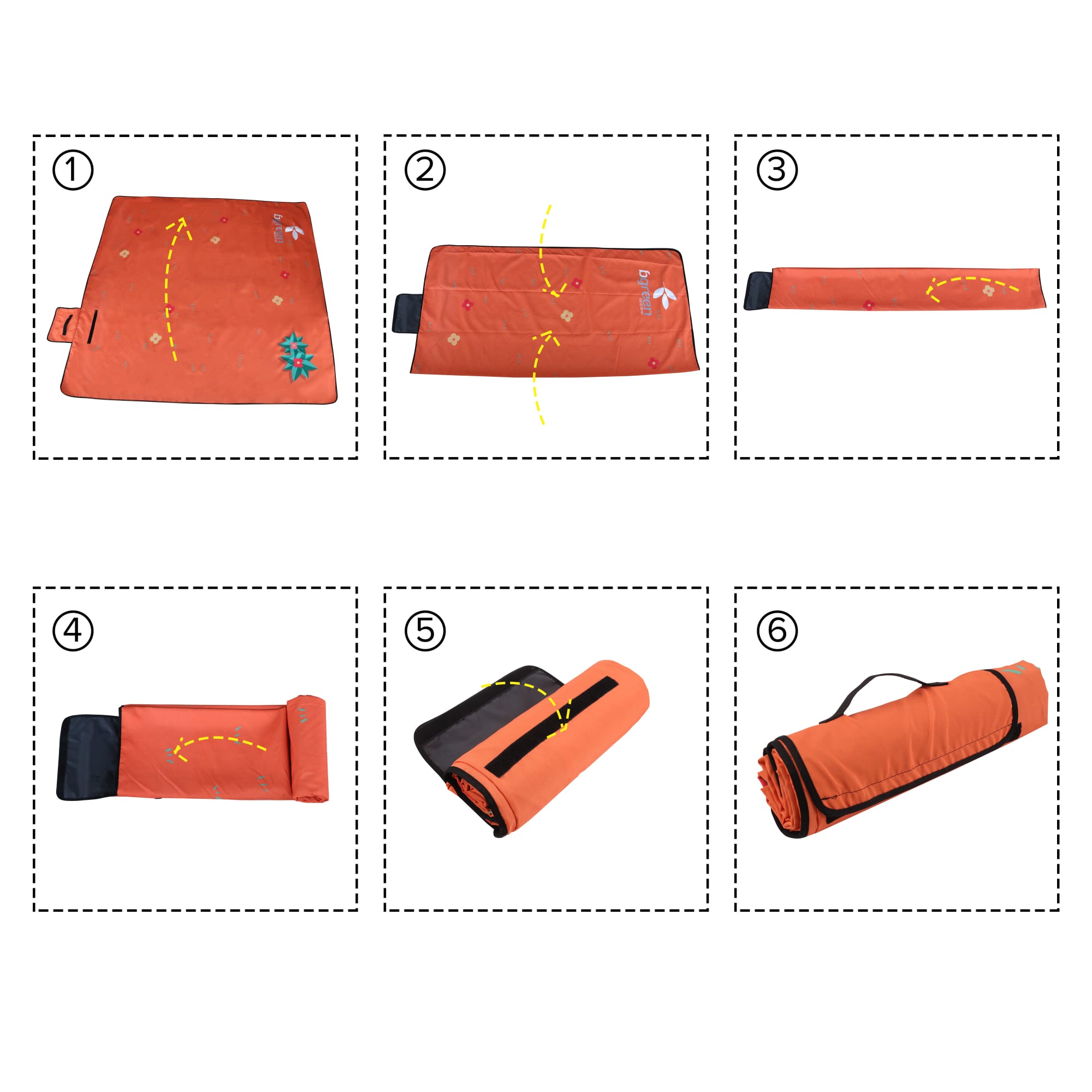 An orange picnic blanket with patterns, featuring folding instructions through six diagrammatic steps.